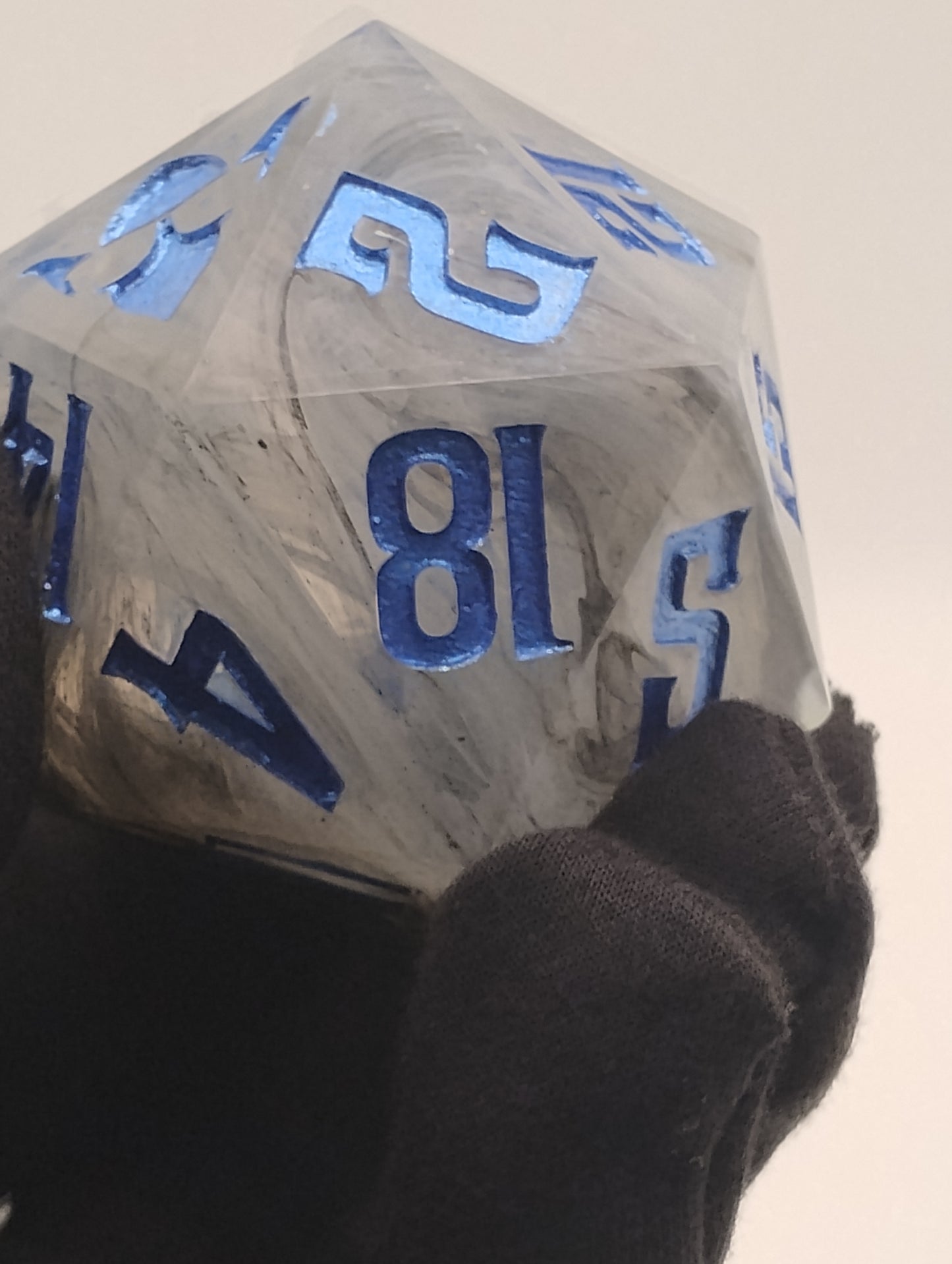 One-of-a-Kind 65mm “Soulfog Chonk” D20 – Handmade Giant DnD Die with Trapped Grey Smoke & Metallic Blue Numbers | Ominous Oversized Dice for Dark Campaigns