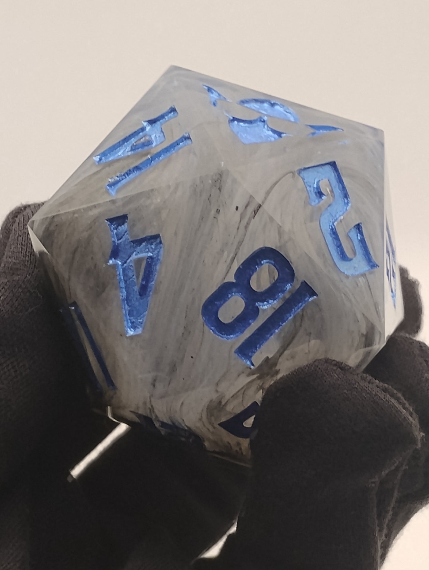 One-of-a-Kind 65mm “Soulfog Chonk” D20 – Handmade Giant DnD Die with Trapped Grey Smoke & Metallic Blue Numbers | Ominous Oversized Dice for Dark Campaigns