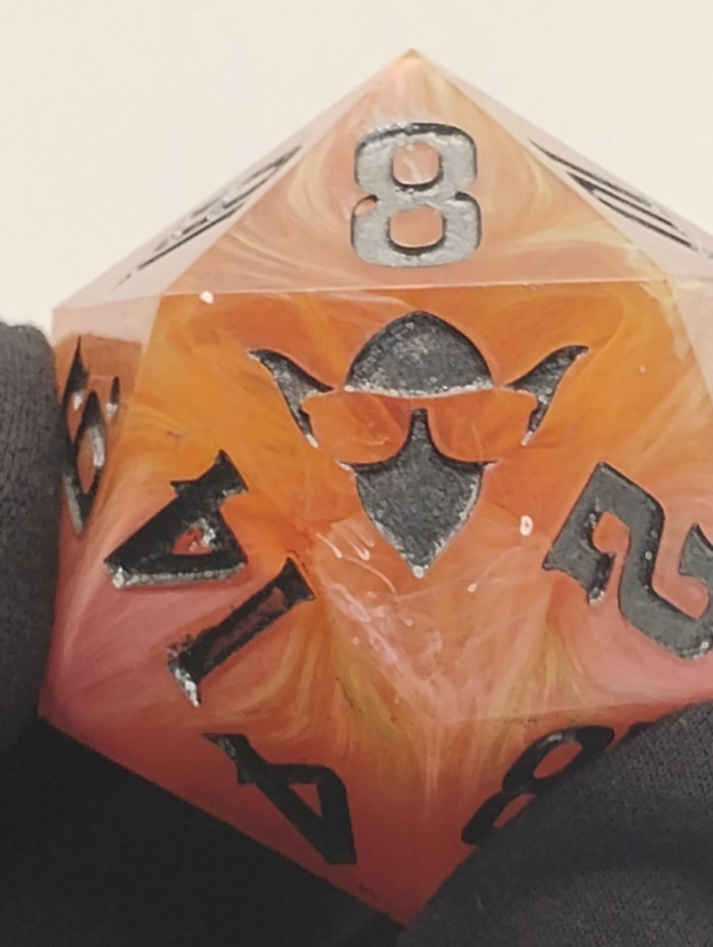 One-of-a-Kind 65mm Sunset Cataclysm Chonk D20 Handmade Giant DnD Die with Pink Orange & White Whisps and Oil-Slick Metallic Inking