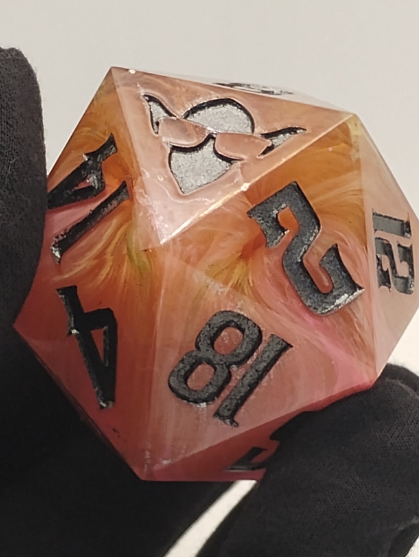 One-of-a-Kind 65mm Sunset Cataclysm Chonk D20 Handmade Giant DnD Die with Pink Orange & White Whisps and Oil-Slick Metallic Inking