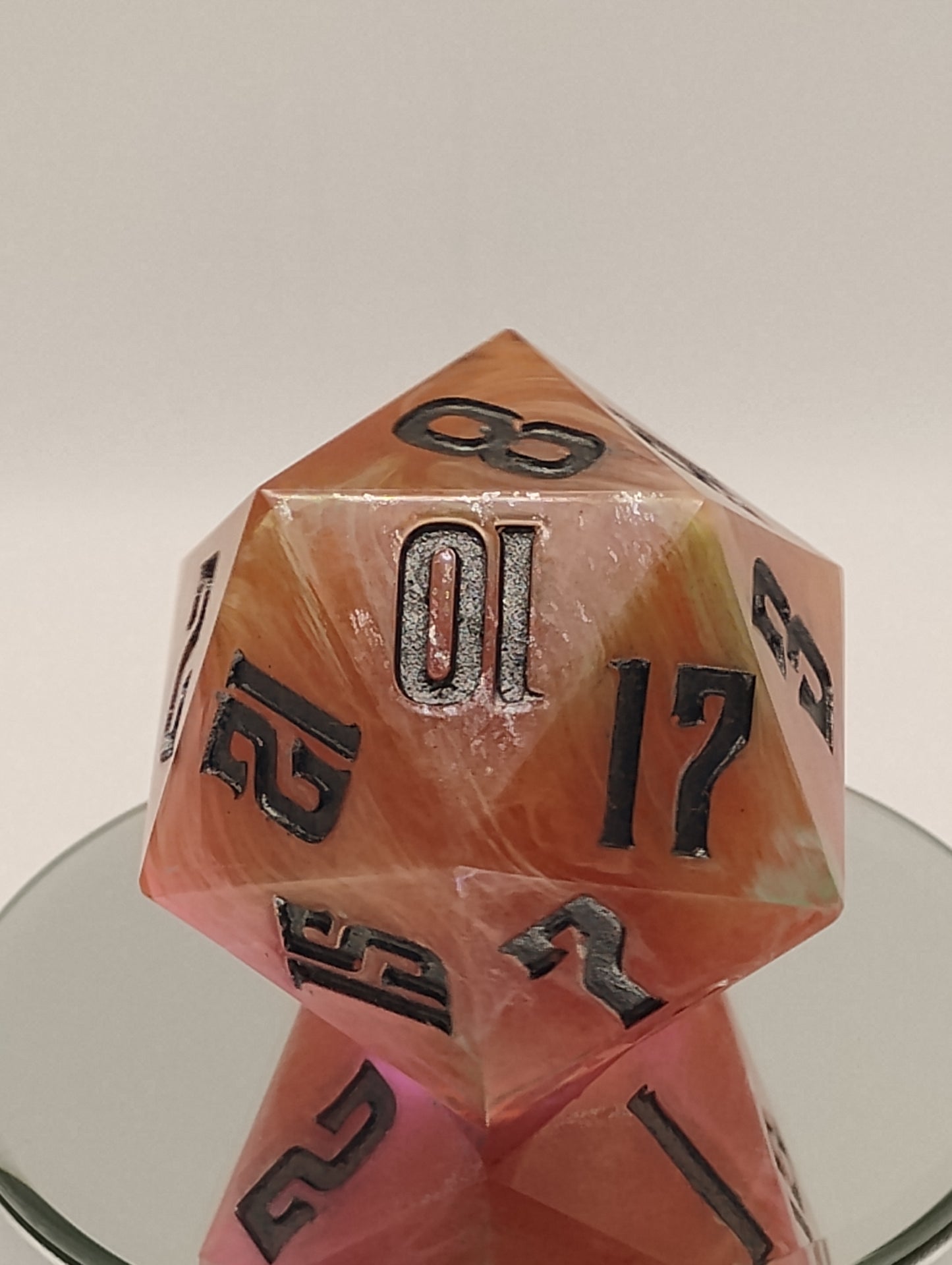 One-of-a-Kind 65mm Sunset Cataclysm Chonk D20 Handmade Giant DnD Die with Pink Orange & White Whisps and Oil-Slick Metallic Inking