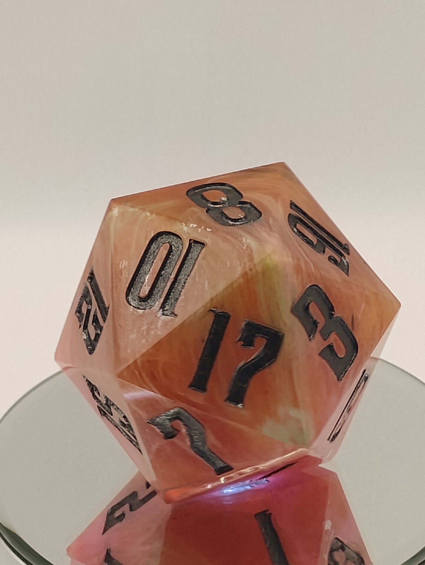 One-of-a-Kind 65mm Sunset Cataclysm Chonk D20 Handmade Giant DnD Die with Pink Orange & White Whisps and Oil-Slick Metallic Inking