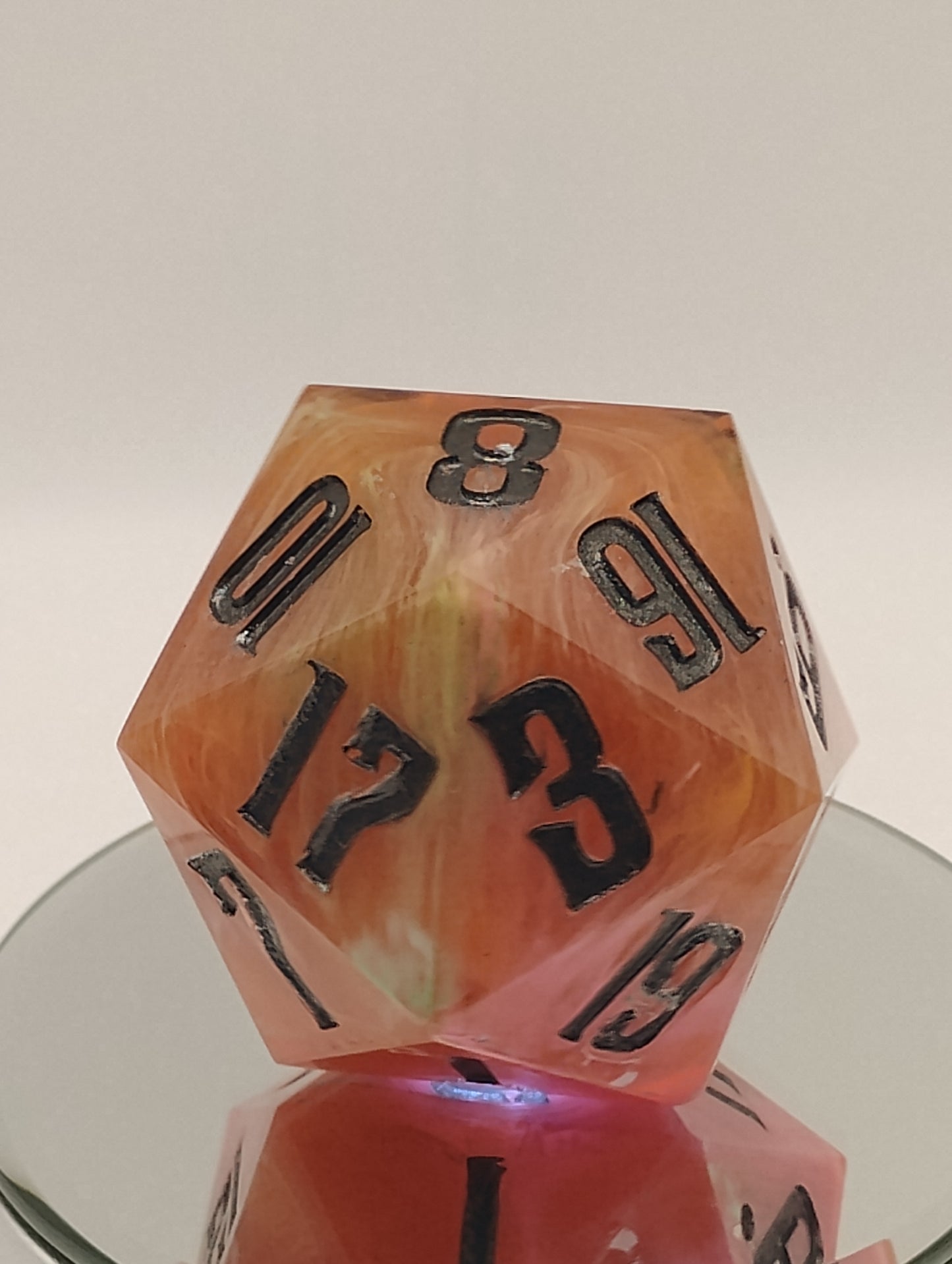 One-of-a-Kind 65mm Sunset Cataclysm Chonk D20 Handmade Giant DnD Die with Pink Orange & White Whisps and Oil-Slick Metallic Inking