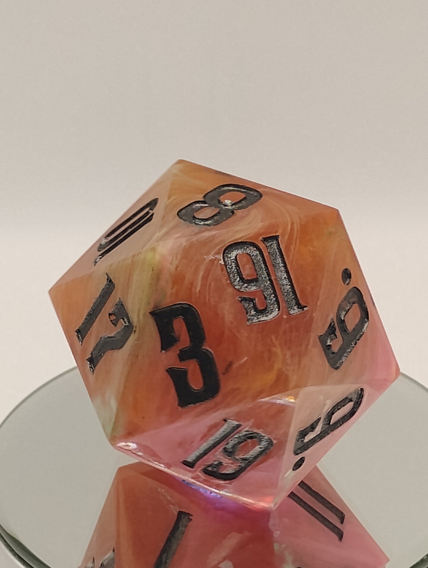 One-of-a-Kind 65mm Sunset Cataclysm Chonk D20 Handmade Giant DnD Die with Pink Orange & White Whisps and Oil-Slick Metallic Inking