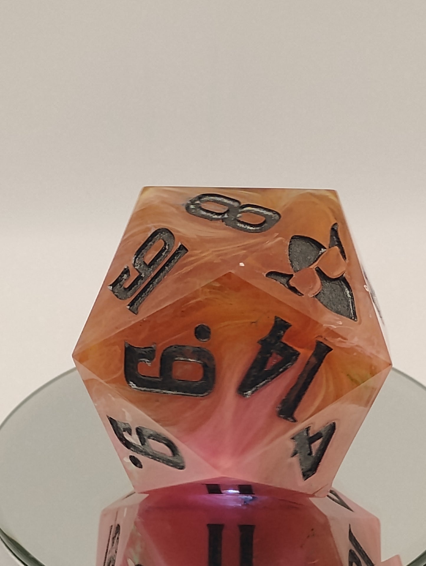 One-of-a-Kind 65mm Sunset Cataclysm Chonk D20 Handmade Giant DnD Die with Pink Orange & White Whisps and Oil-Slick Metallic Inking