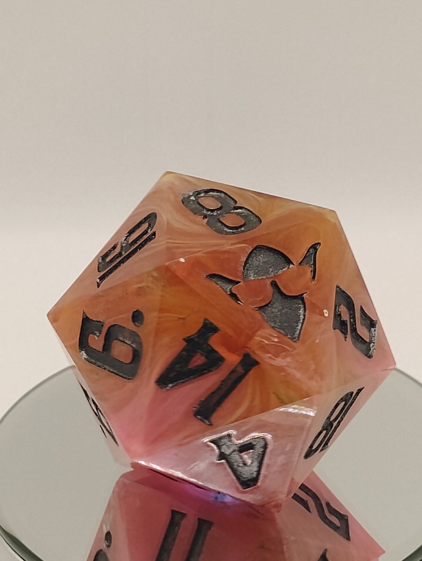 One-of-a-Kind 65mm Sunset Cataclysm Chonk D20 Handmade Giant DnD Die with Pink Orange & White Whisps and Oil-Slick Metallic Inking