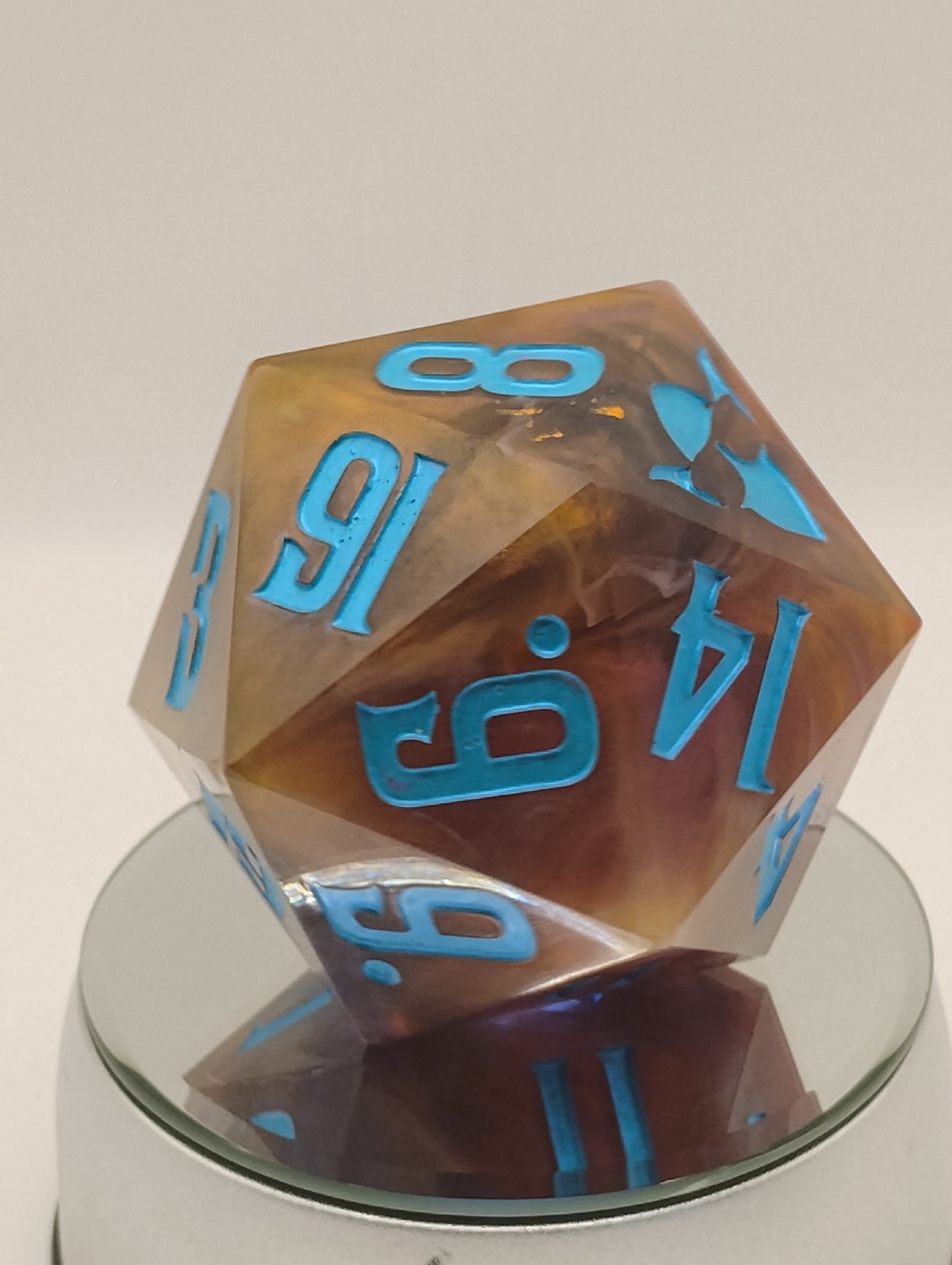 85mm Infernal Reliquary Chonk D20 – Handmade Giant DnD Die with Captured Flames & Smoke Whisps, Metallic Turquoise Numbers