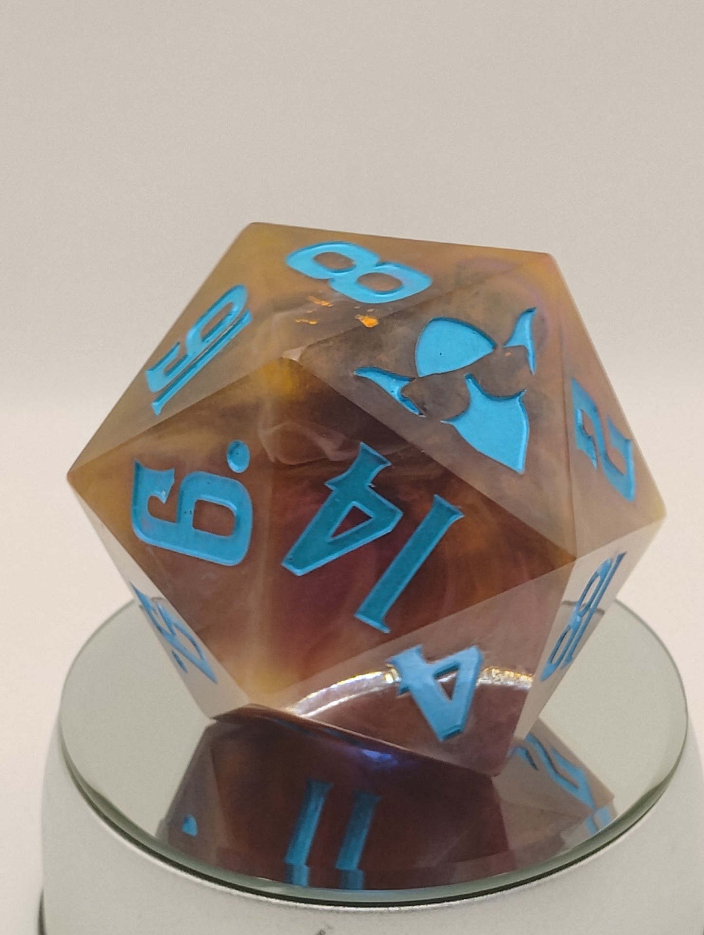 85mm Infernal Reliquary Chonk D20 – Handmade Giant DnD Die with Captured Flames & Smoke Whisps, Metallic Turquoise Numbers