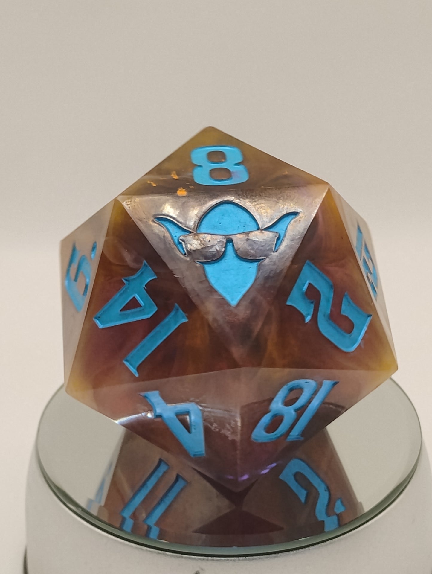 85mm Infernal Reliquary Chonk D20 – Handmade Giant DnD Die with Captured Flames & Smoke Whisps, Metallic Turquoise Numbers