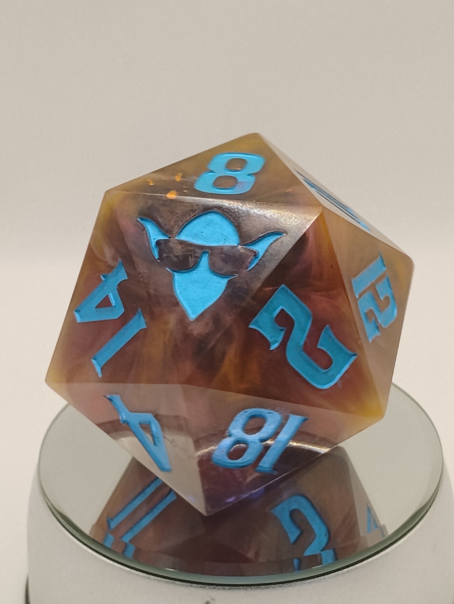 85mm Infernal Reliquary Chonk D20 – Handmade Giant DnD Die with Captured Flames & Smoke Whisps, Metallic Turquoise Numbers