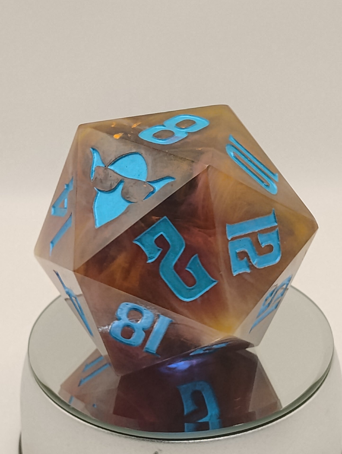 85mm Infernal Reliquary Chonk D20 – Handmade Giant DnD Die with Captured Flames & Smoke Whisps, Metallic Turquoise Numbers