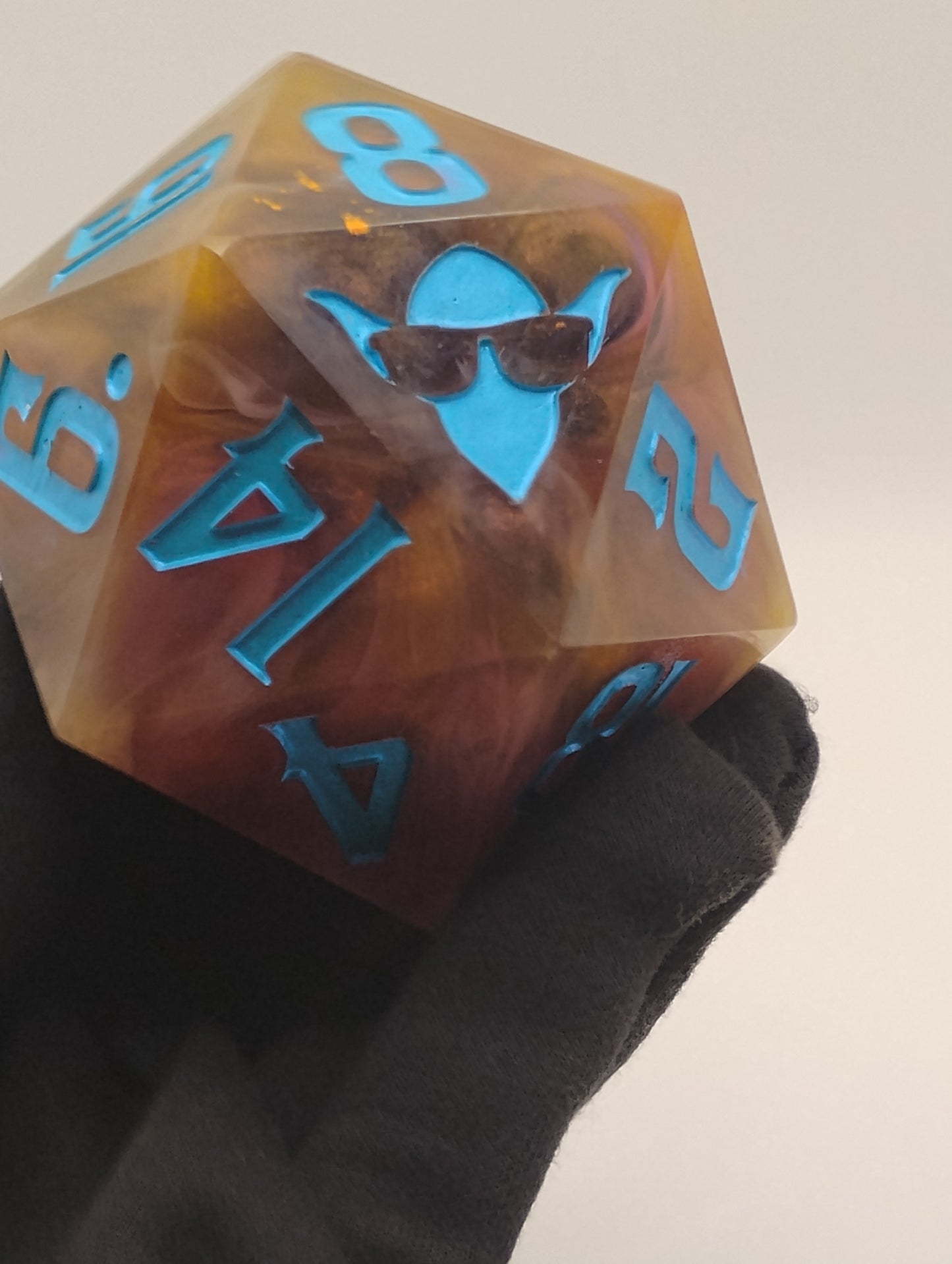 85mm Infernal Reliquary Chonk D20 – Handmade Giant DnD Die with Captured Flames & Smoke Whisps, Metallic Turquoise Numbers
