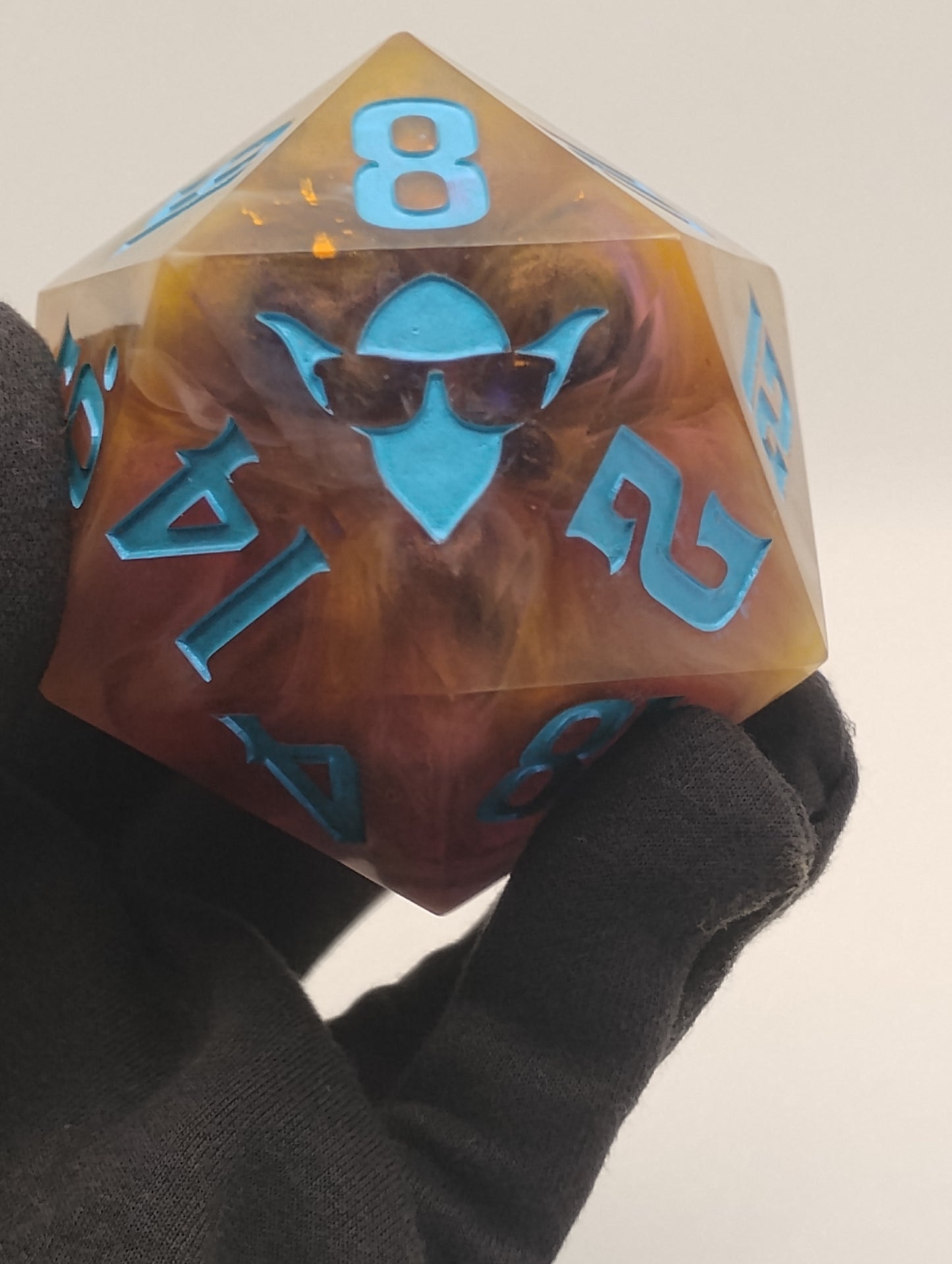 85mm Infernal Reliquary Chonk D20 – Handmade Giant DnD Die with Captured Flames & Smoke Whisps, Metallic Turquoise Numbers