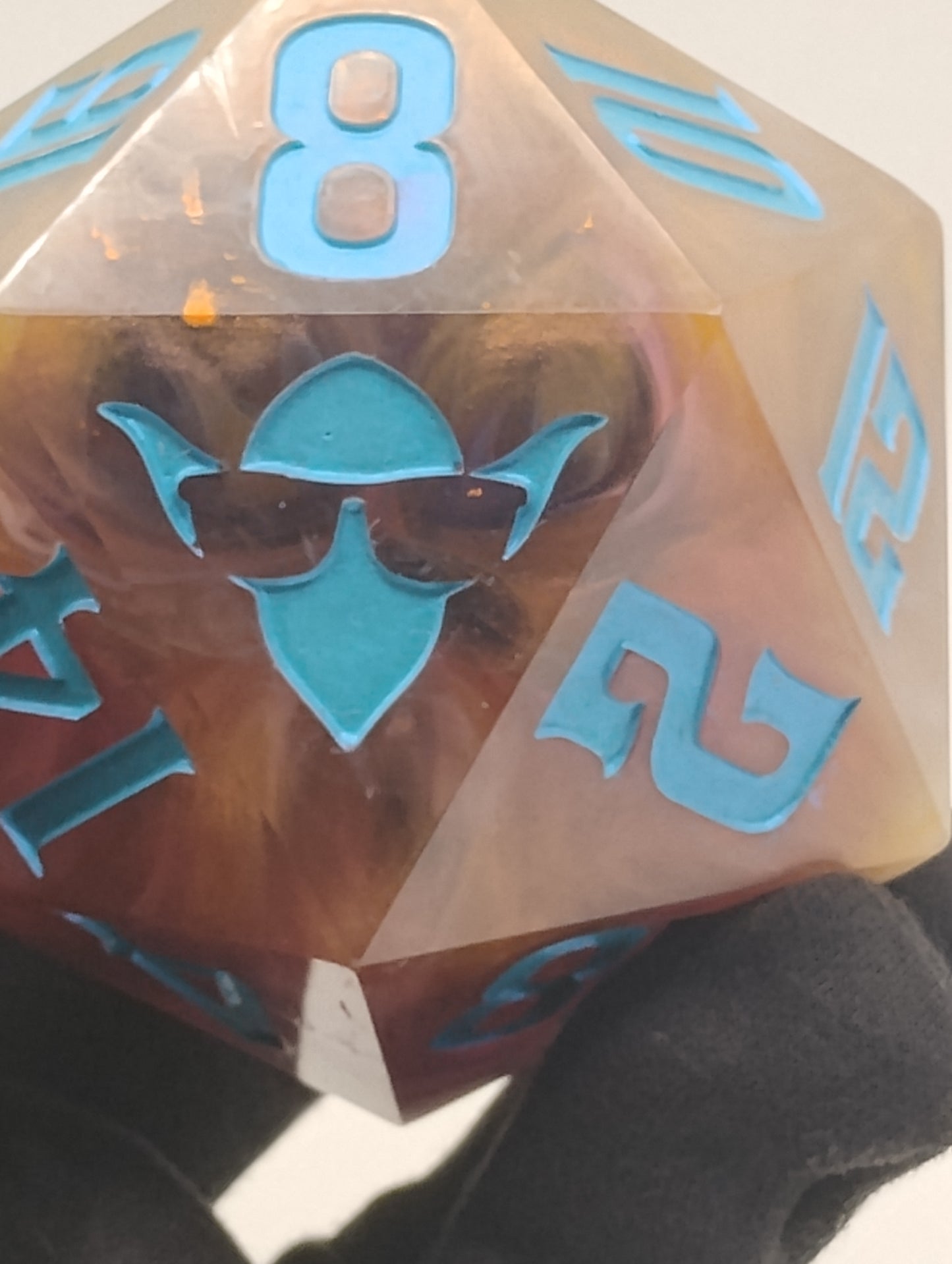 85mm Infernal Reliquary Chonk D20 – Handmade Giant DnD Die with Captured Flames & Smoke Whisps, Metallic Turquoise Numbers