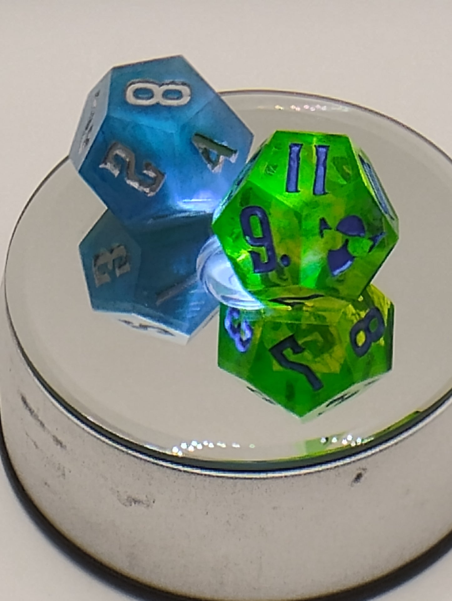 Dagger Heart Whimsical Green & Blue DnD Dice Set – 2 Piece RPG Dice with Blue and Silver Numbers for Dungeons and Dragons and TTRPGs