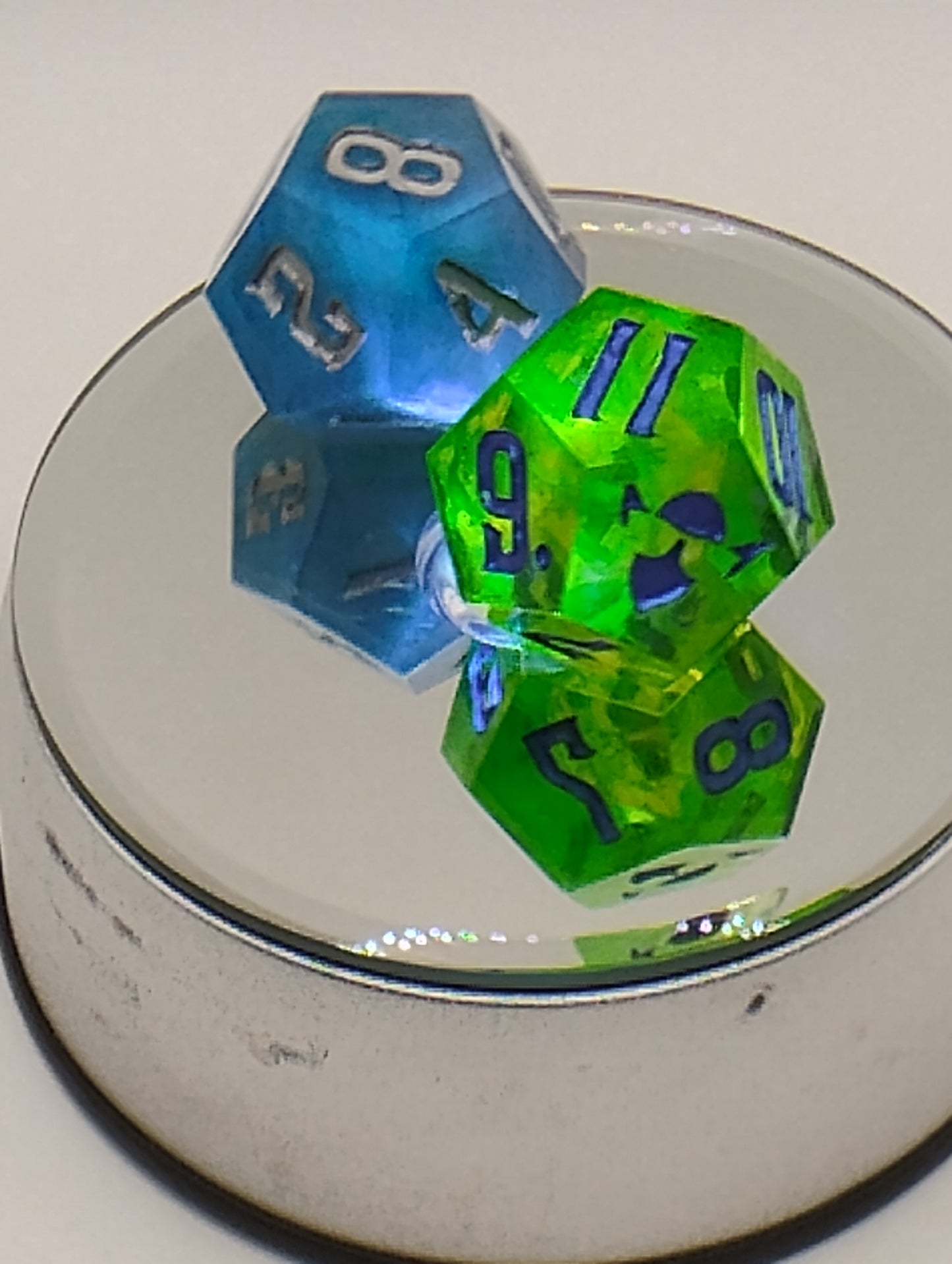 Dagger Heart Whimsical Green & Blue DnD Dice Set – 2 Piece RPG Dice with Blue and Silver Numbers for Dungeons and Dragons and TTRPGs