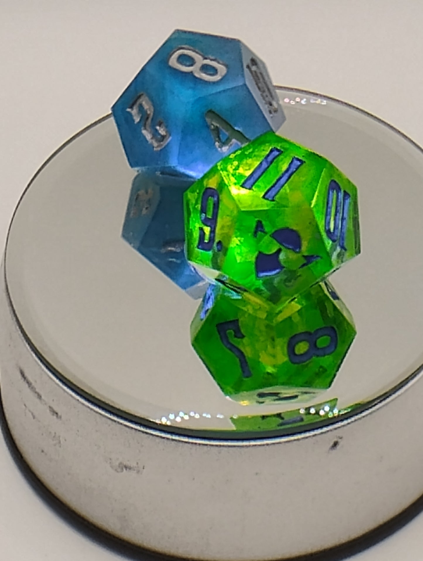 Dagger Heart Whimsical Green & Blue DnD Dice Set – 2 Piece RPG Dice with Blue and Silver Numbers for Dungeons and Dragons and TTRPGs