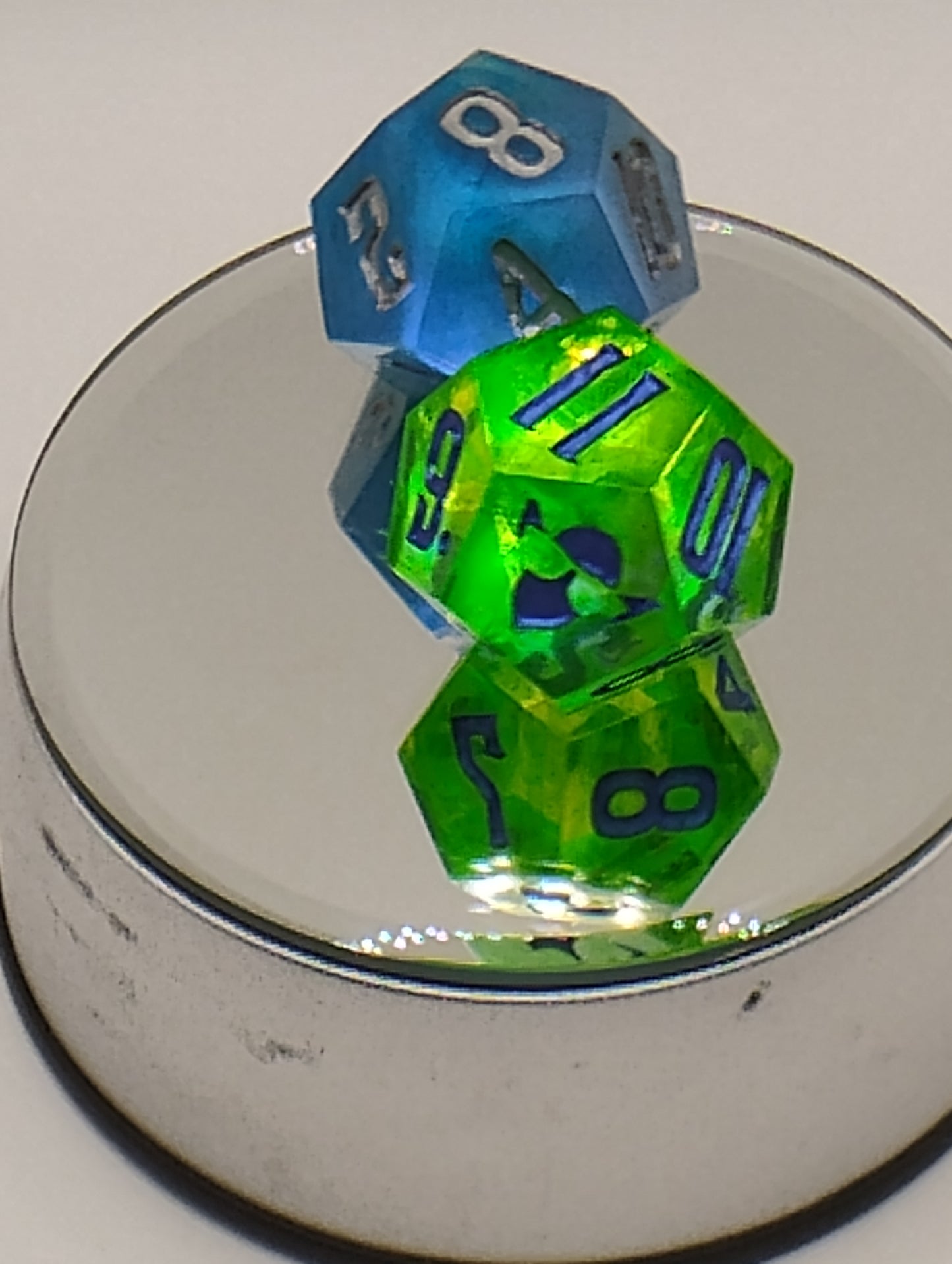 Dagger Heart Whimsical Green & Blue DnD Dice Set – 2 Piece RPG Dice with Blue and Silver Numbers for Dungeons and Dragons and TTRPGs