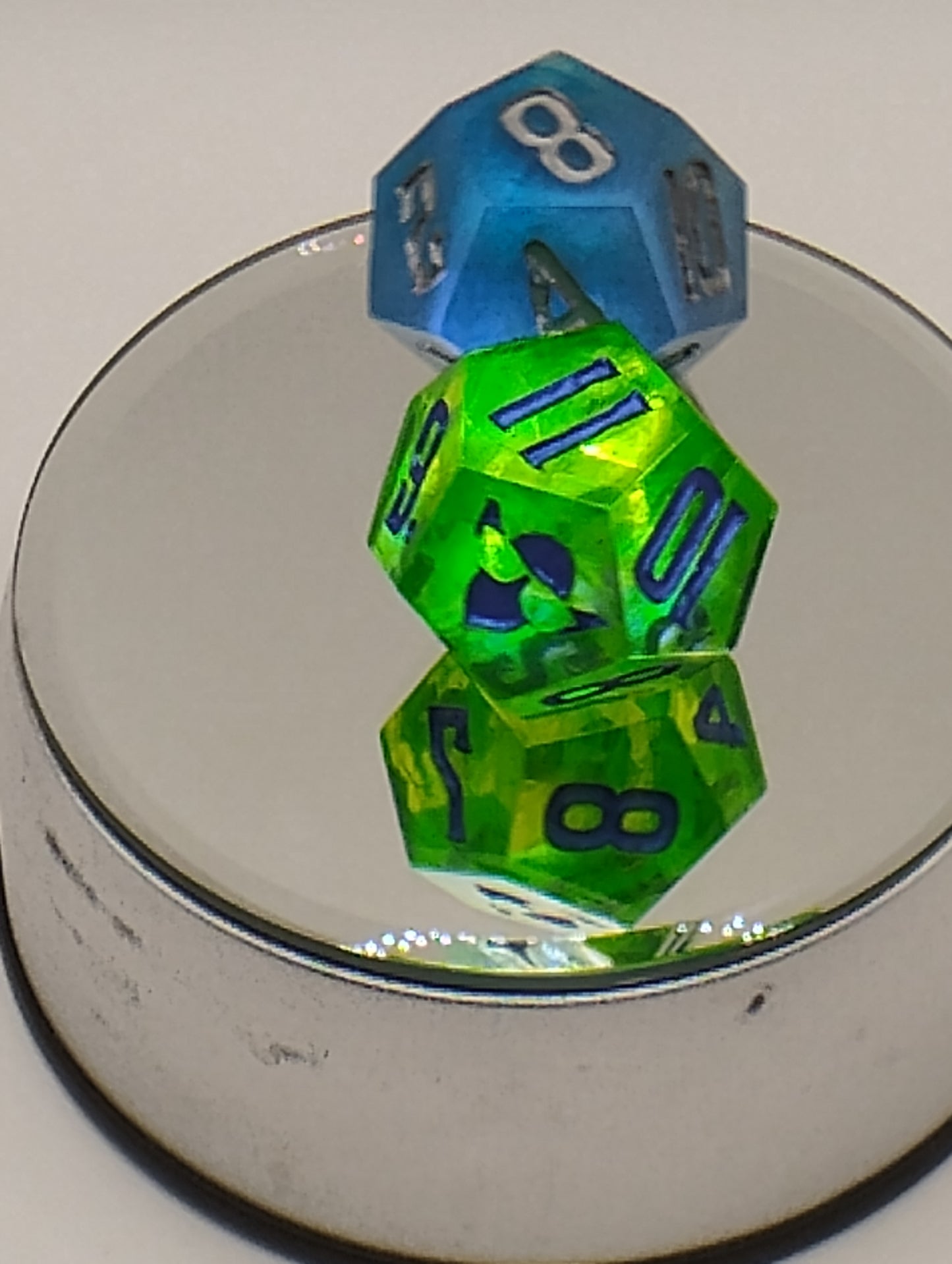 Dagger Heart Whimsical Green & Blue DnD Dice Set – 2 Piece RPG Dice with Blue and Silver Numbers for Dungeons and Dragons and TTRPGs