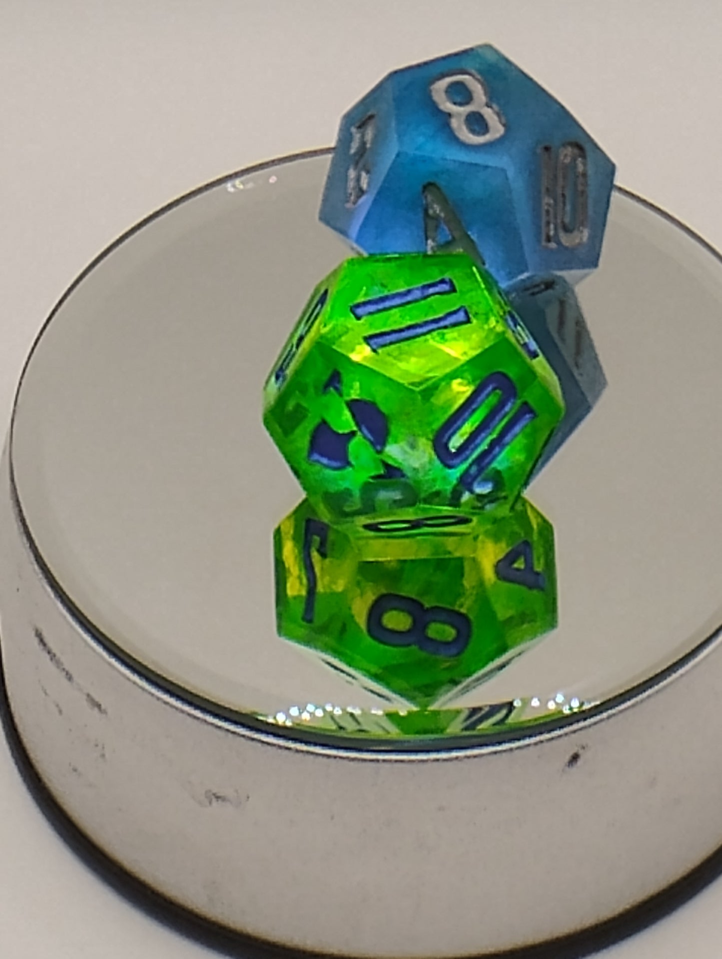 Dagger Heart Whimsical Green & Blue DnD Dice Set – 2 Piece RPG Dice with Blue and Silver Numbers for Dungeons and Dragons and TTRPGs