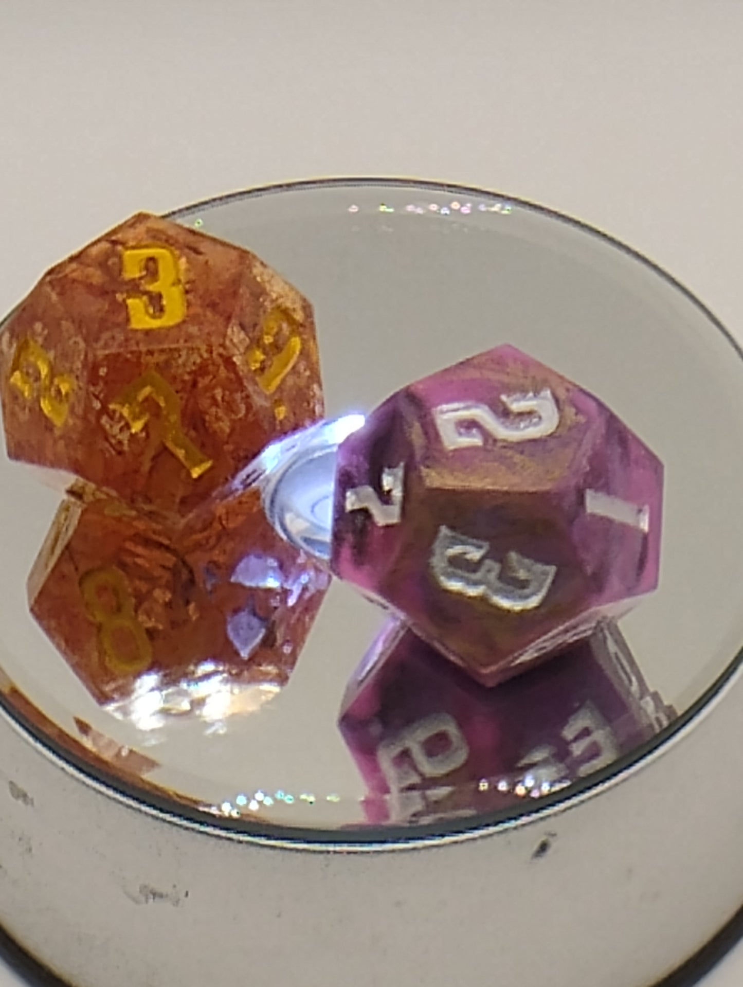Dagger Heart Whimsical Purple & Orange DnD Dice Set – 2 Piece RPG Dice with Gold and Silver Numbers for Dungeons and Dragons and TTRPGs