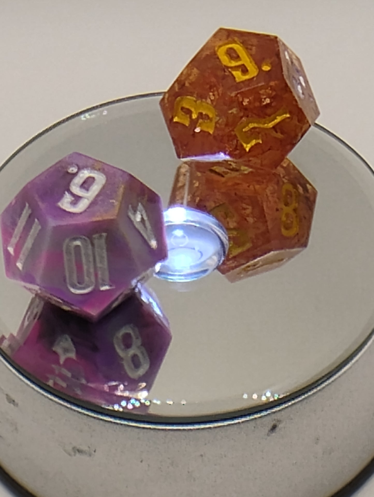 Dagger Heart Whimsical Purple & Orange DnD Dice Set – 2 Piece RPG Dice with Gold and Silver Numbers for Dungeons and Dragons and TTRPGs