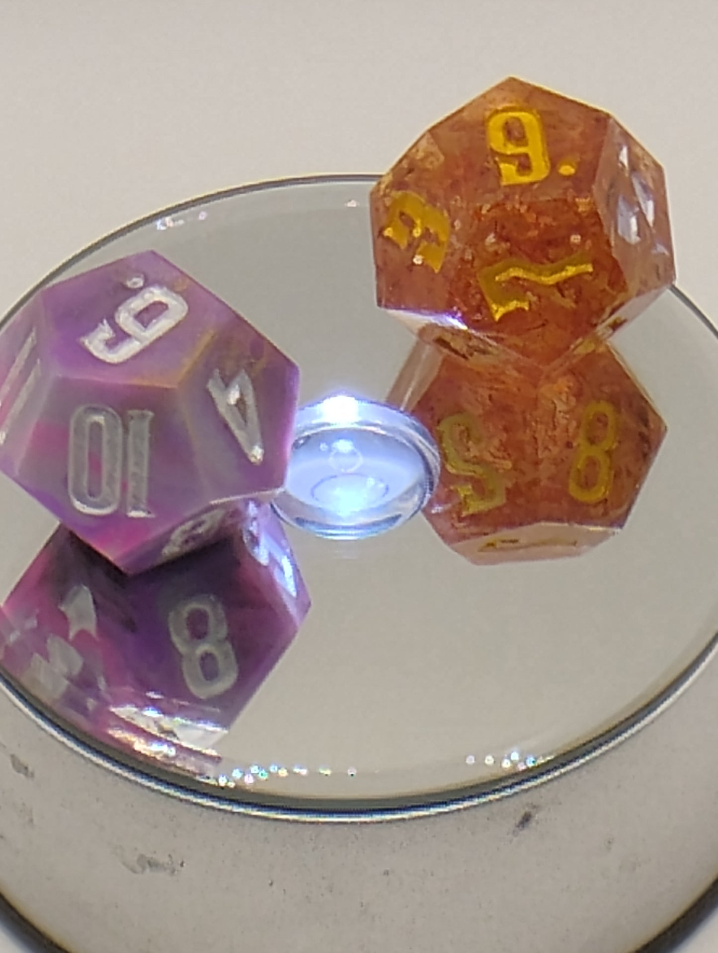 Dagger Heart Whimsical Purple & Orange DnD Dice Set – 2 Piece RPG Dice with Gold and Silver Numbers for Dungeons and Dragons and TTRPGs