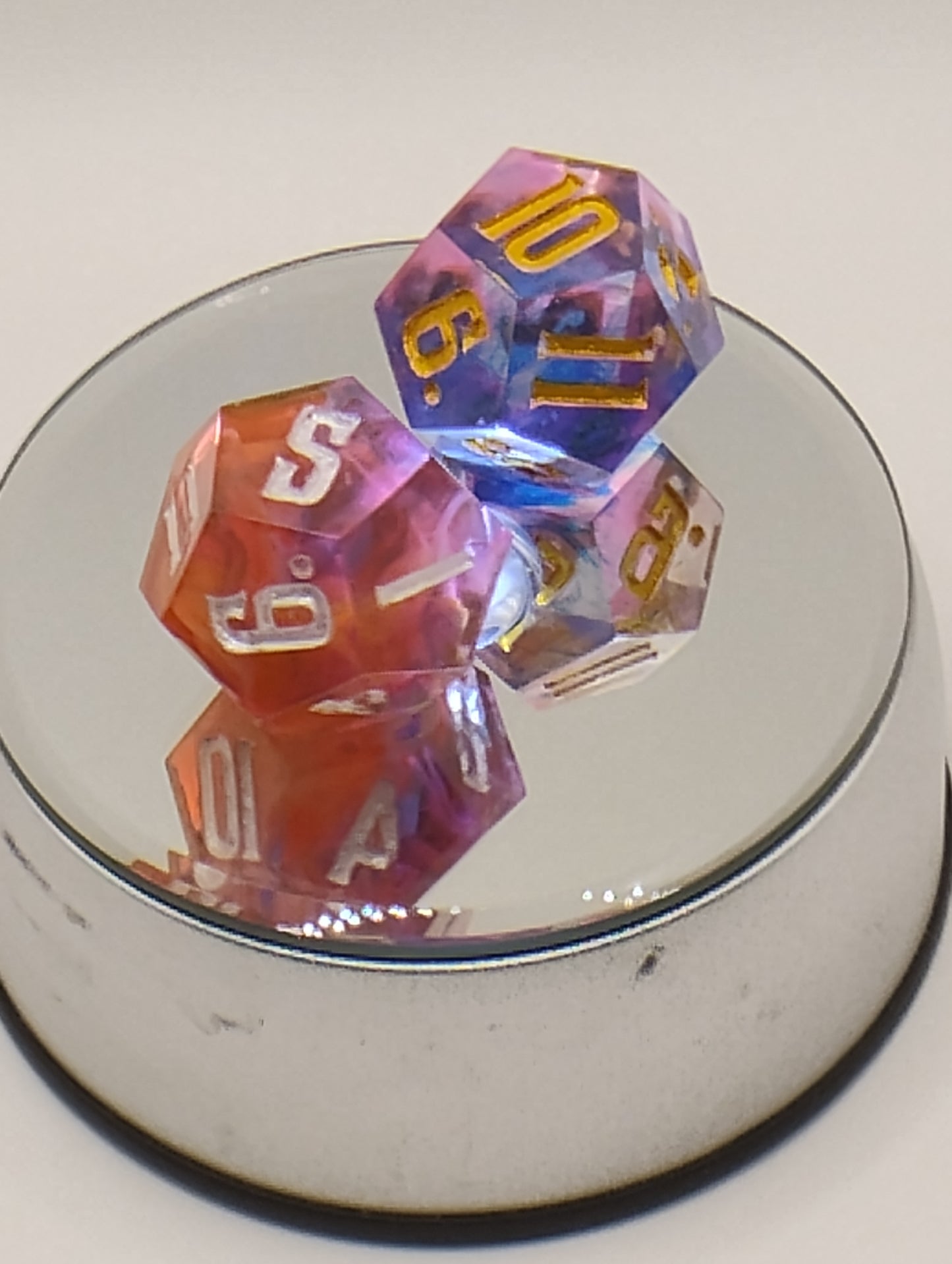 Dark Fantasy Dagger Heart Multicolor DnD Dice Set – Pink, Blue, Red & Orange RPG Dice with Gold & Silver Numbers for Dungeons & Dragons & TTRPGs