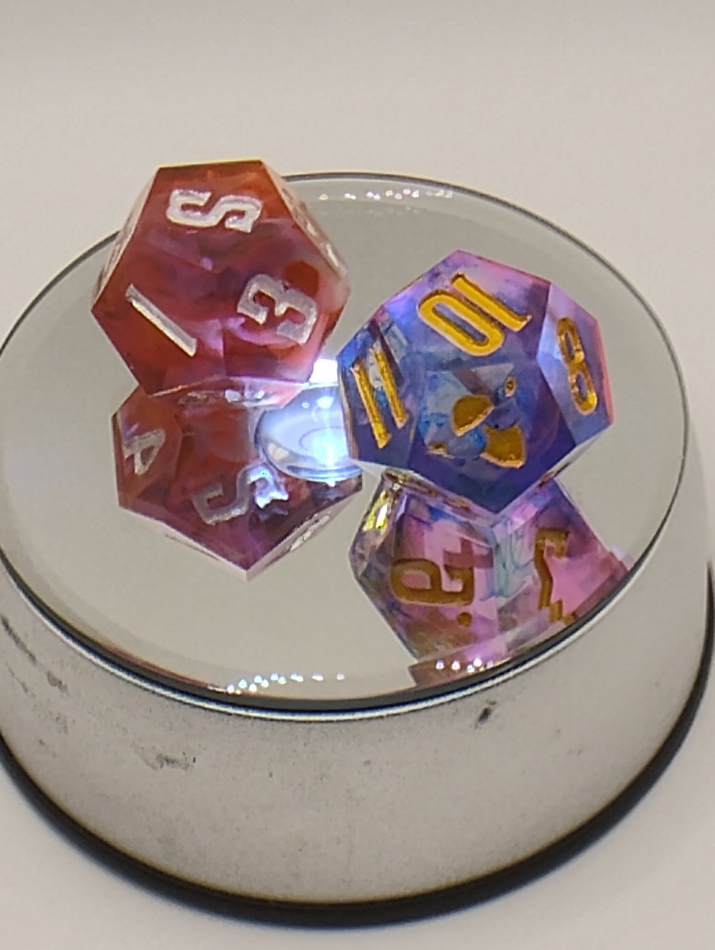 Dark Fantasy Dagger Heart Multicolor DnD Dice Set – Pink, Blue, Red & Orange RPG Dice with Gold & Silver Numbers for Dungeons & Dragons & TTRPGs