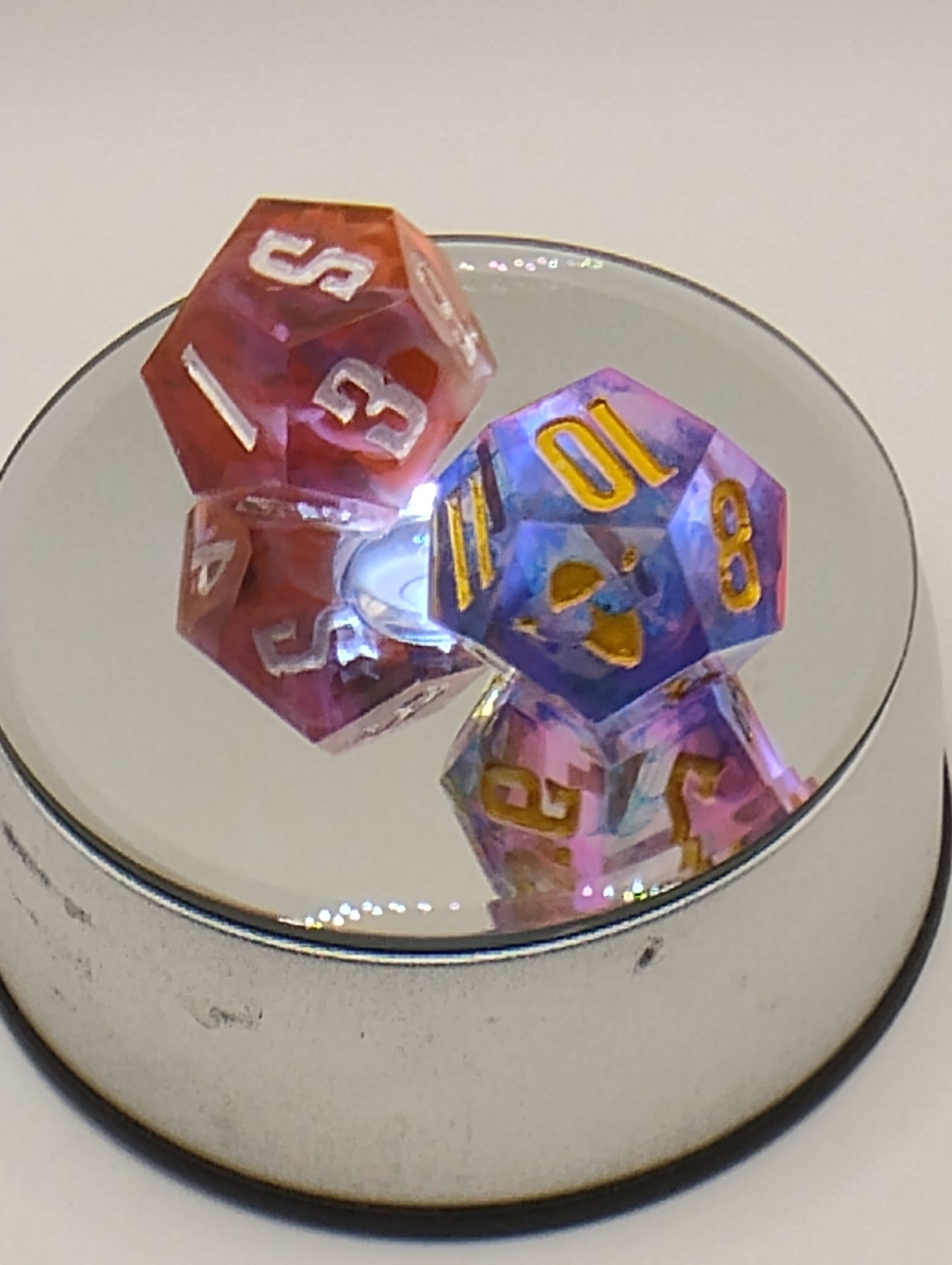 Dark Fantasy Dagger Heart Multicolor DnD Dice Set – Pink, Blue, Red & Orange RPG Dice with Gold & Silver Numbers for Dungeons & Dragons & TTRPGs