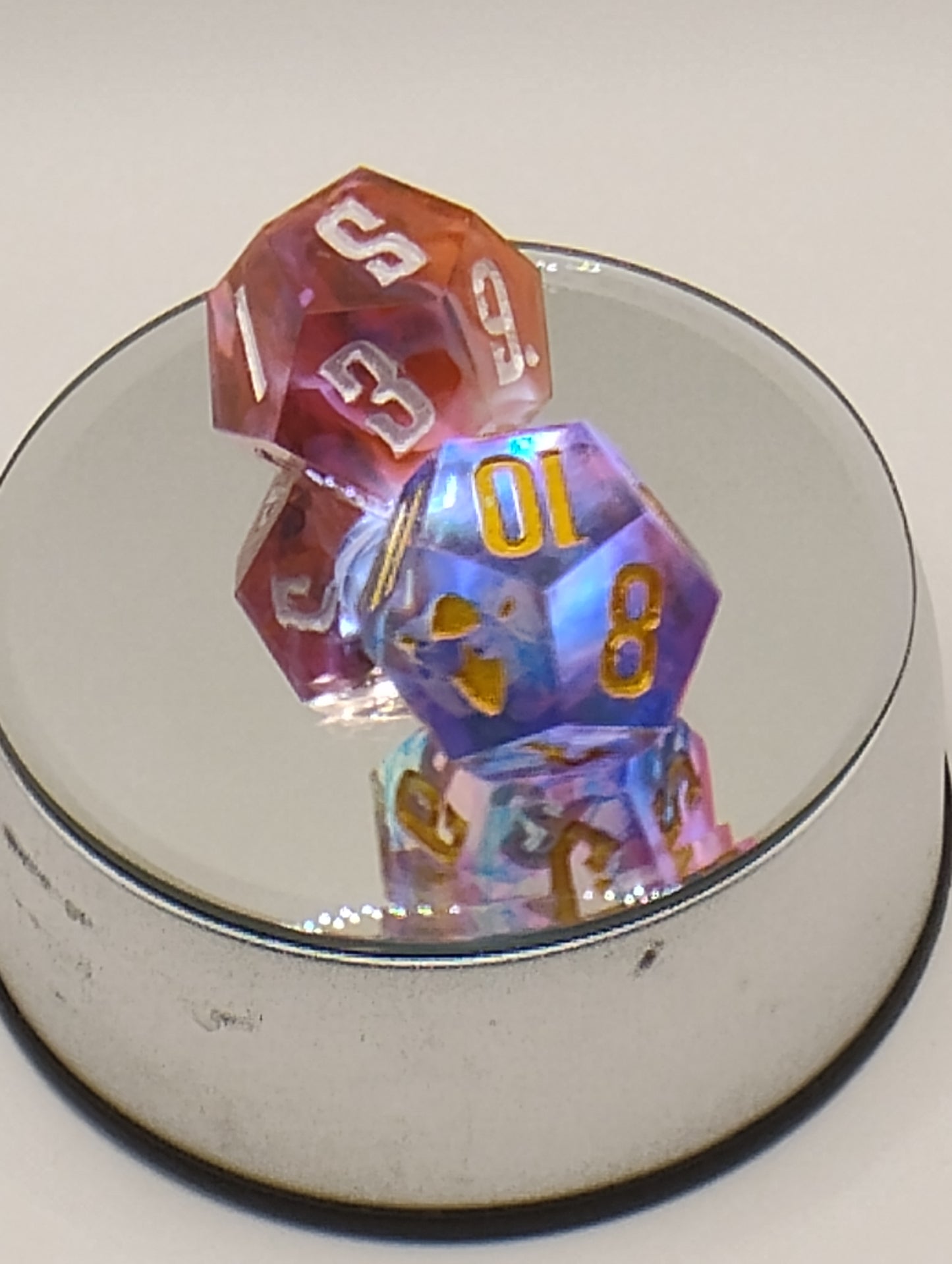 Dark Fantasy Dagger Heart Multicolor DnD Dice Set – Pink, Blue, Red & Orange RPG Dice with Gold & Silver Numbers for Dungeons & Dragons & TTRPGs