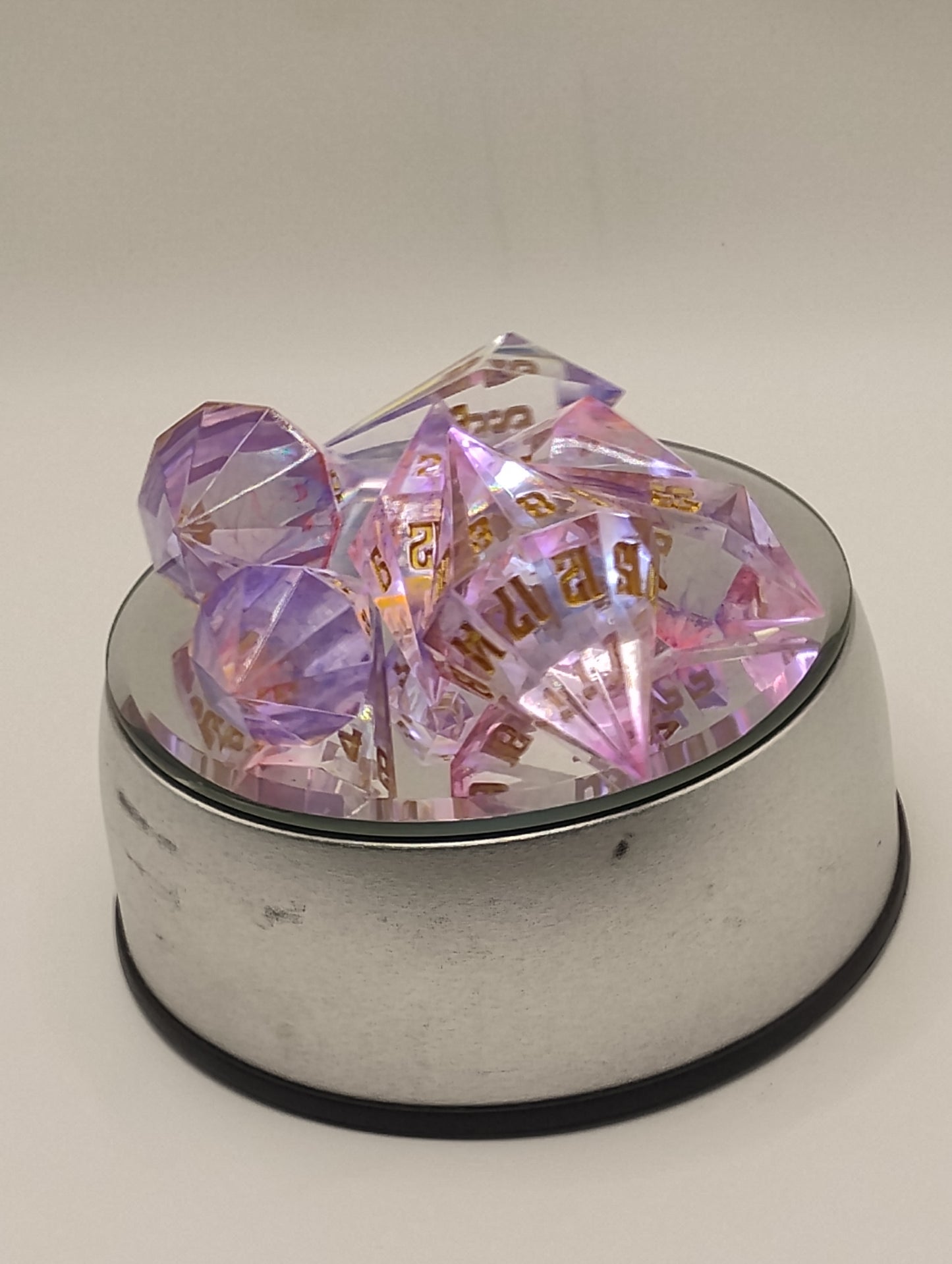 Dark Fantasy Whimsical Pink Crystal DnD Dice Set – 7 Piece Clear Resin RPG Dice with Gold Numbers for Dungeons & Dragons & TTRPGs