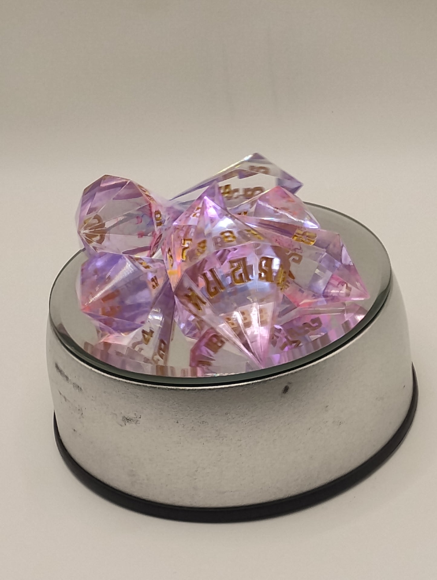 Dark Fantasy Whimsical Pink Crystal DnD Dice Set – 7 Piece Clear Resin RPG Dice with Gold Numbers for Dungeons & Dragons & TTRPGs