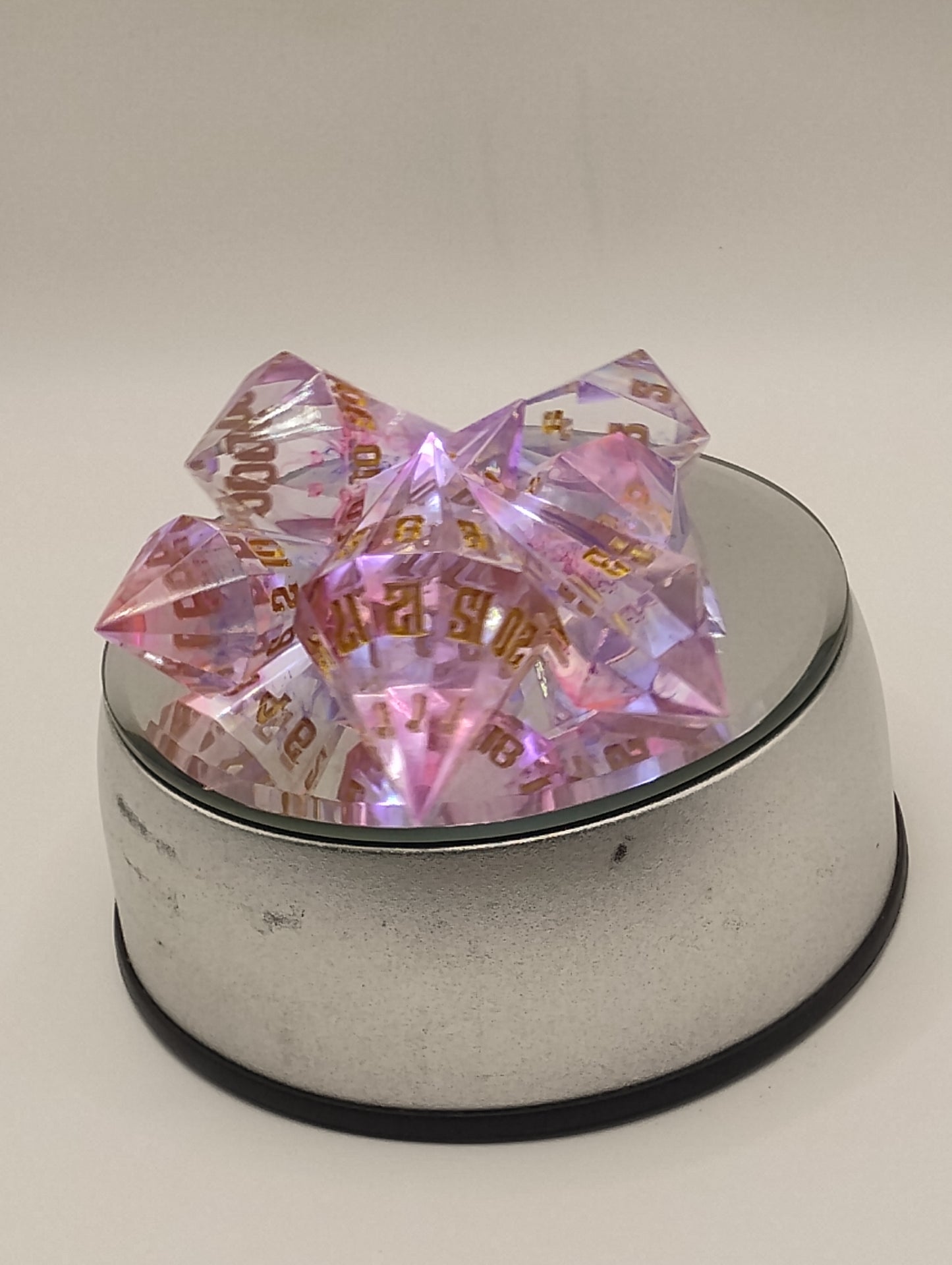 Dark Fantasy Whimsical Pink Crystal DnD Dice Set – 7 Piece Clear Resin RPG Dice with Gold Numbers for Dungeons & Dragons & TTRPGs