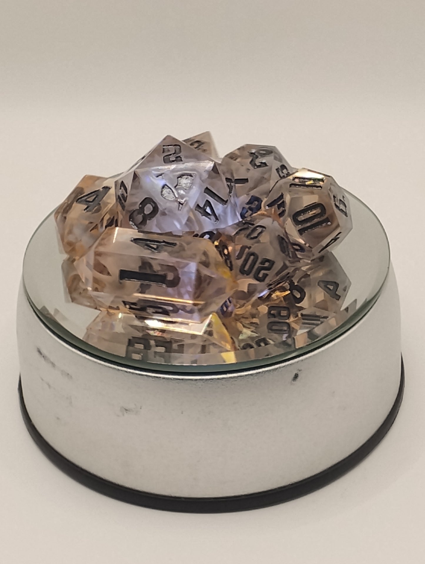Dark Fantasy Whimsical Orange DnD Dice Set – 7 Piece Translucent Clear RPG Dice with Black Numbers for Dungeons & Dragons & TTRPGs