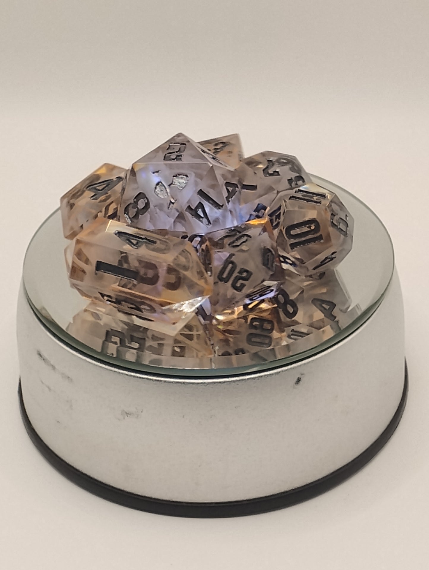 Dark Fantasy Whimsical Orange DnD Dice Set – 7 Piece Translucent Clear RPG Dice with Black Numbers for Dungeons & Dragons & TTRPGs