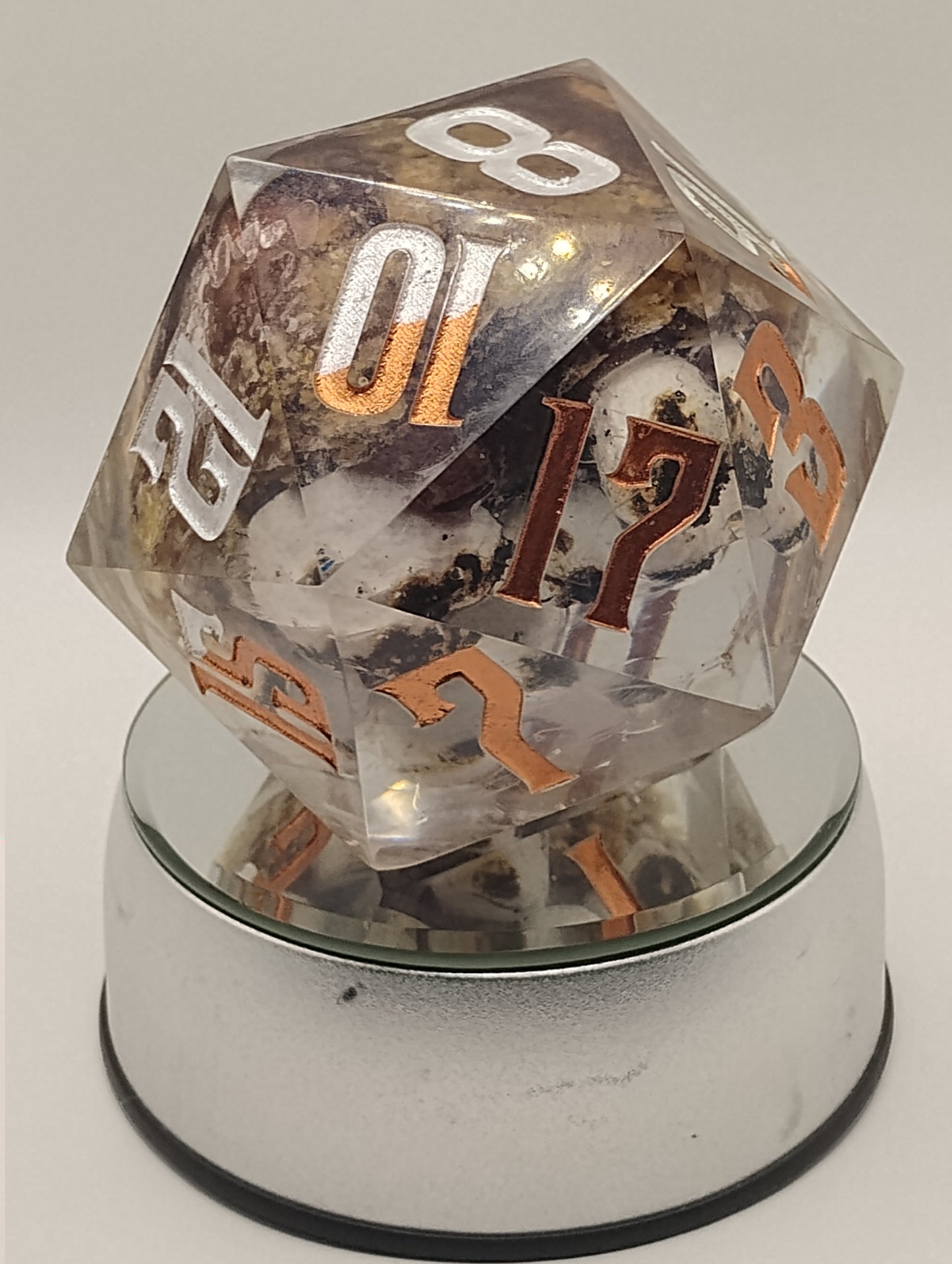Oopsie Adoption Dark Fantasy Whimsical Large Clear S'mores DnD Die – Oversized RPG Die with Orange and Silver Numbers for Dungeons & Dragons
