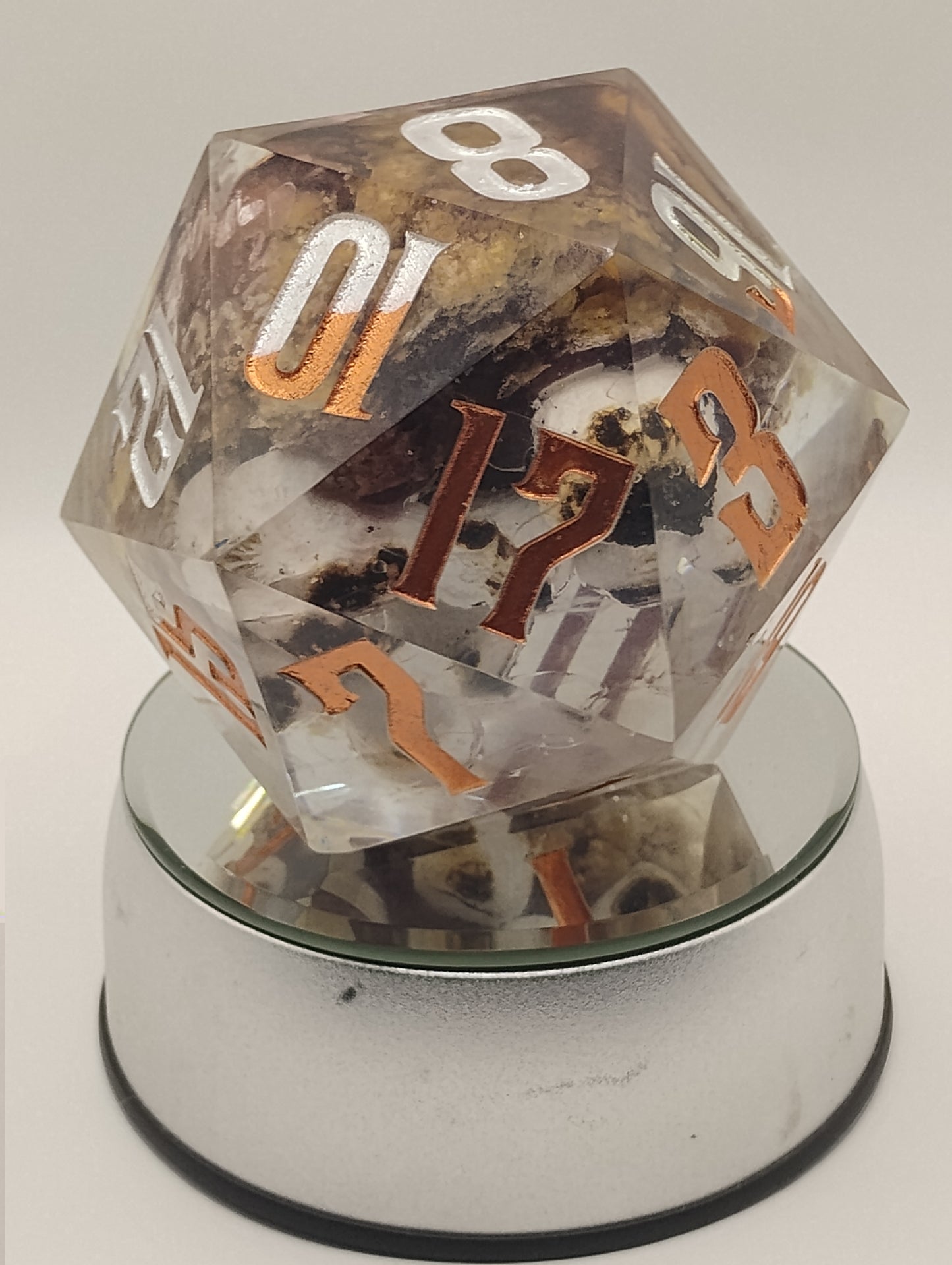 Oopsie Adoption Dark Fantasy Whimsical Large Clear S'mores DnD Die – Oversized RPG Die with Orange and Silver Numbers for Dungeons & Dragons