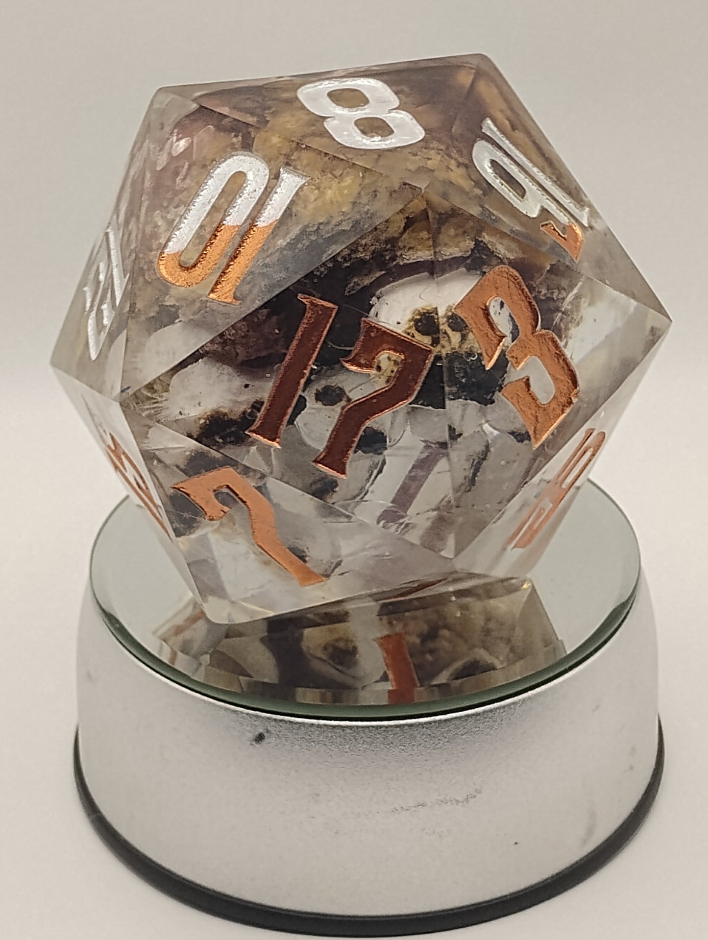 Oopsie Adoption Dark Fantasy Whimsical Large Clear S'mores DnD Die – Oversized RPG Die with Orange and Silver Numbers for Dungeons & Dragons