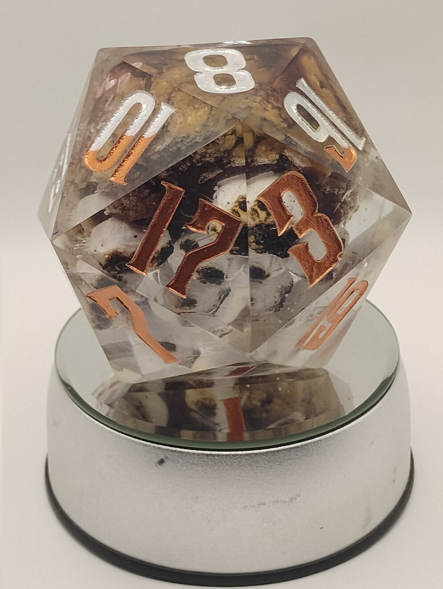 Oopsie Adoption Dark Fantasy Whimsical Large Clear S'mores DnD Die – Oversized RPG Die with Orange and Silver Numbers for Dungeons & Dragons