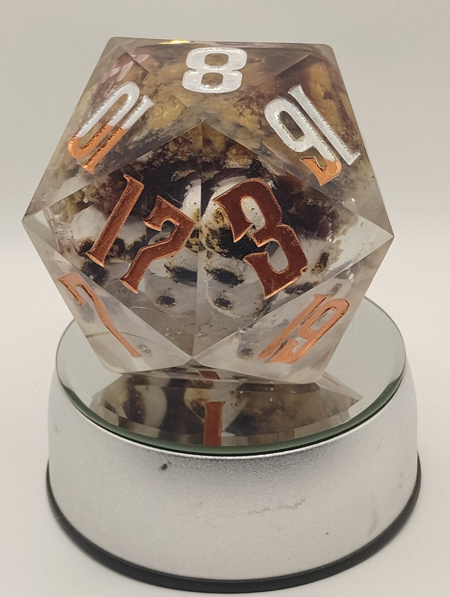 Oopsie Adoption Dark Fantasy Whimsical Large Clear S'mores DnD Die – Oversized RPG Die with Orange and Silver Numbers for Dungeons & Dragons