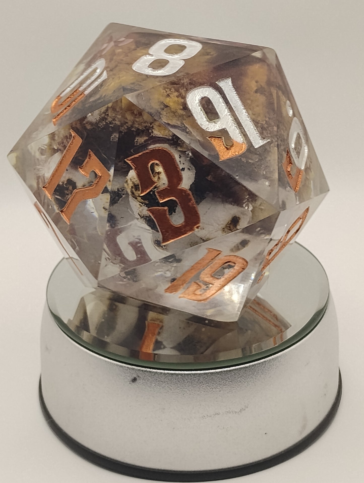 Oopsie Adoption Dark Fantasy Whimsical Large Clear S'mores DnD Die – Oversized RPG Die with Orange and Silver Numbers for Dungeons & Dragons