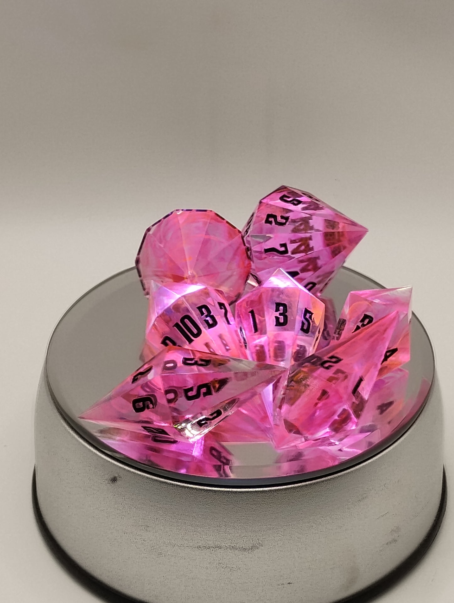 Hot Pink Swirl DnD Dice Set – Translucent Pink RPG Dice with Black Numbers for Dungeons & Dragons and TTRPGs
