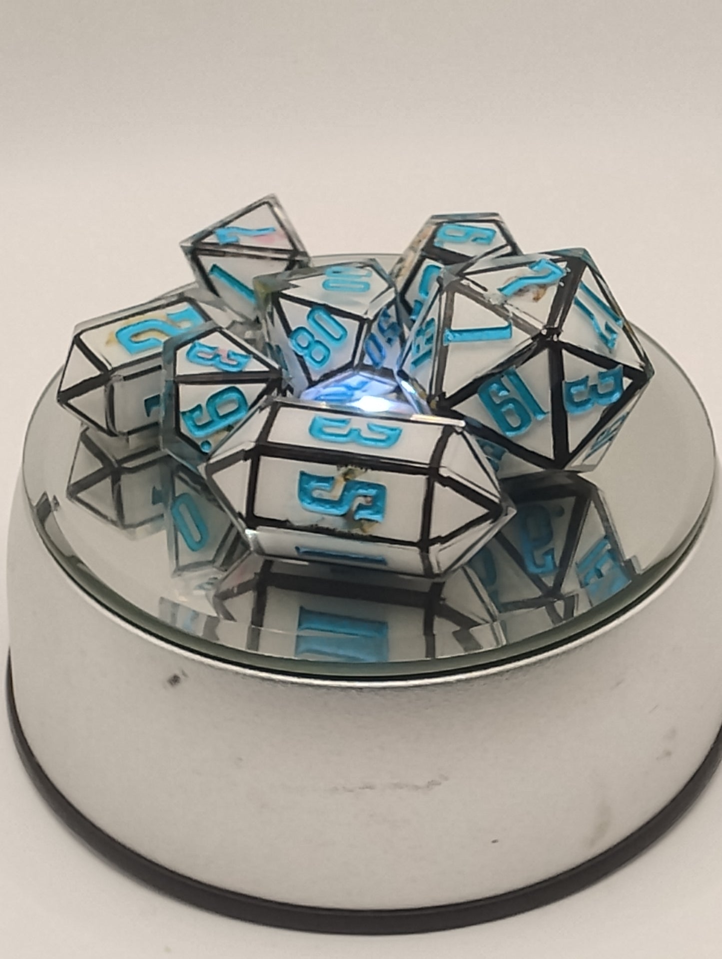 Derpy Cat Meme Handmade DnD Dice | White Resin Dice with Black Edges & Blue Ink | Fantasy TTRPG Dice Set