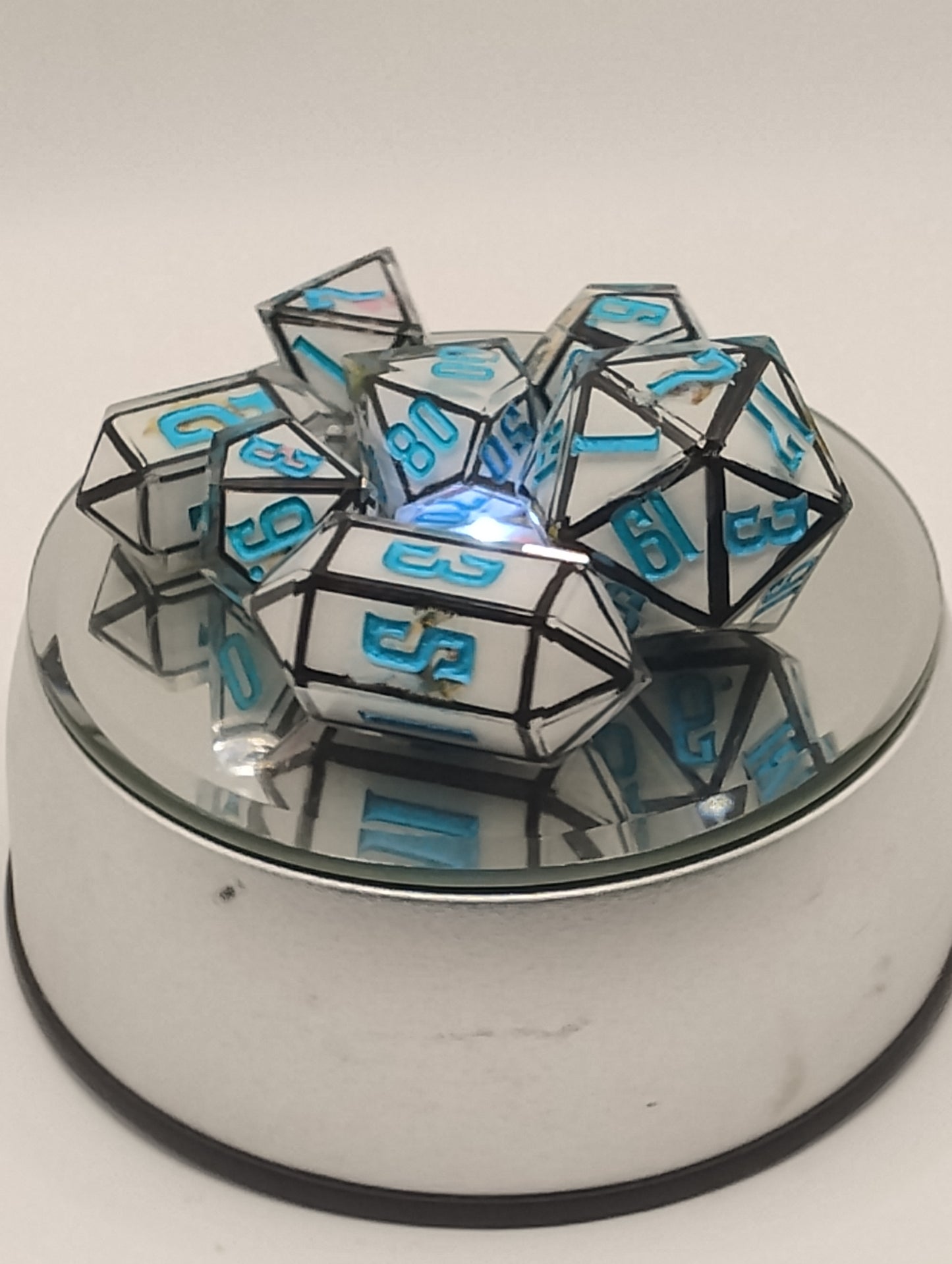 Derpy Cat Meme Handmade DnD Dice | White Resin Dice with Black Edges & Blue Ink | Fantasy TTRPG Dice Set
