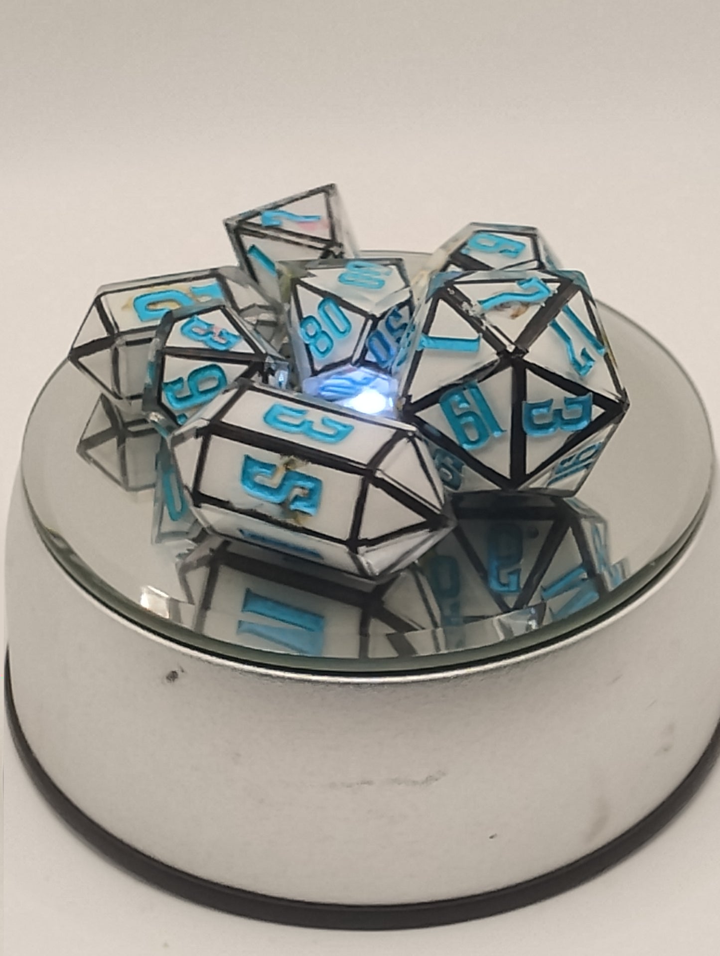 Derpy Cat Meme Handmade DnD Dice | White Resin Dice with Black Edges & Blue Ink | Fantasy TTRPG Dice Set