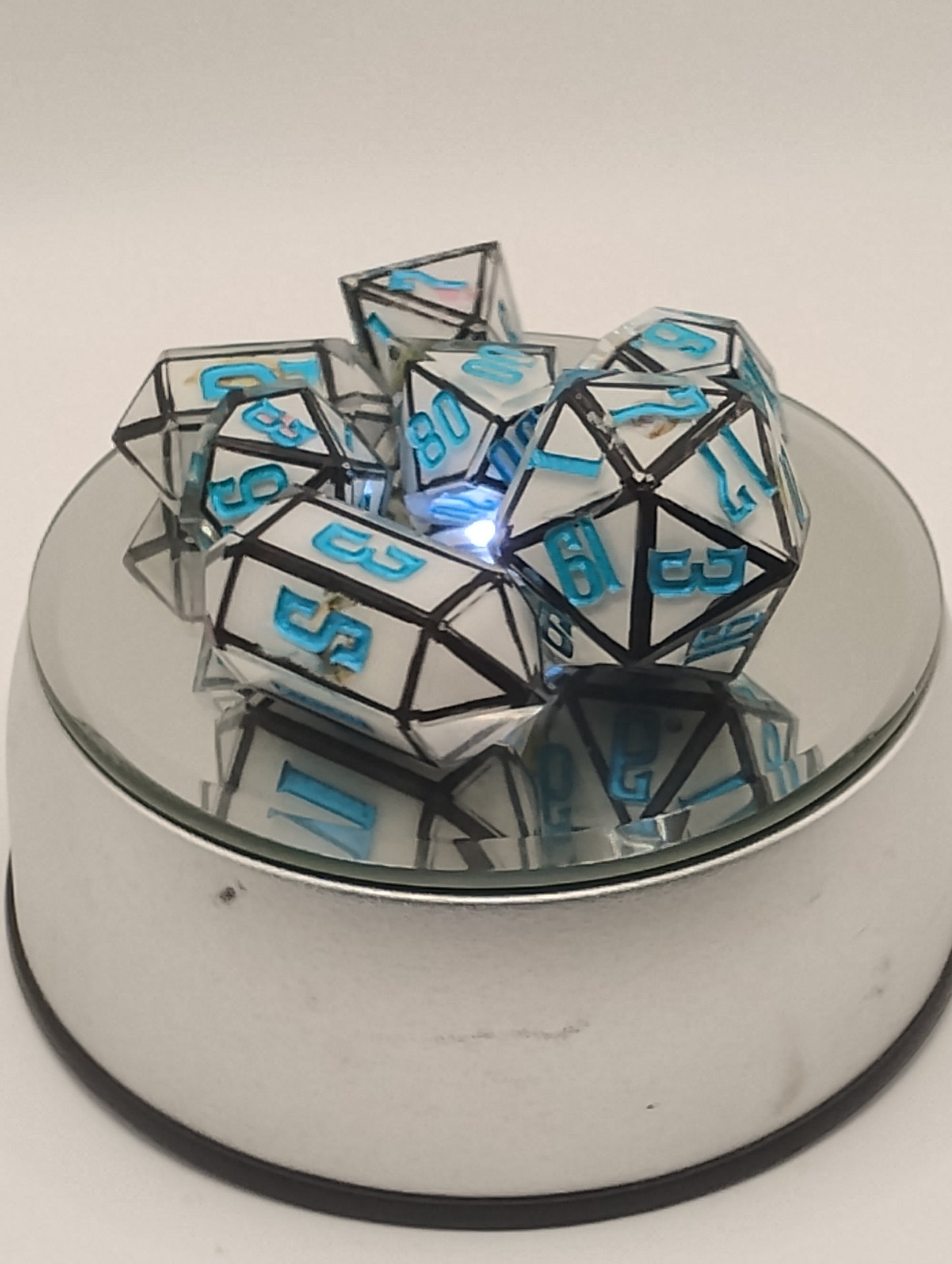 Derpy Cat Meme Handmade DnD Dice | White Resin Dice with Black Edges & Blue Ink | Fantasy TTRPG Dice Set