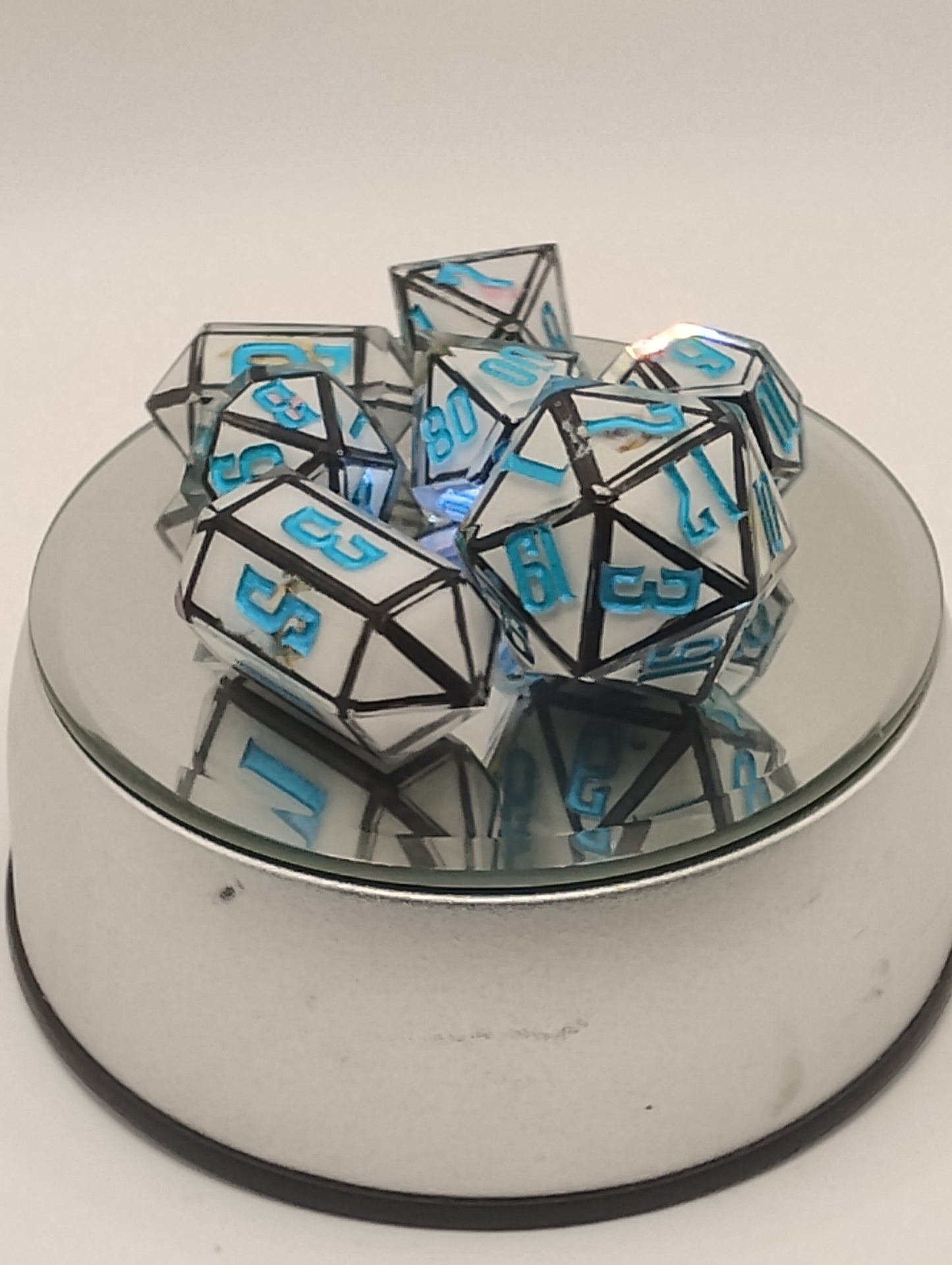 Derpy Cat Meme Handmade DnD Dice | White Resin Dice with Black Edges & Blue Ink | Fantasy TTRPG Dice Set