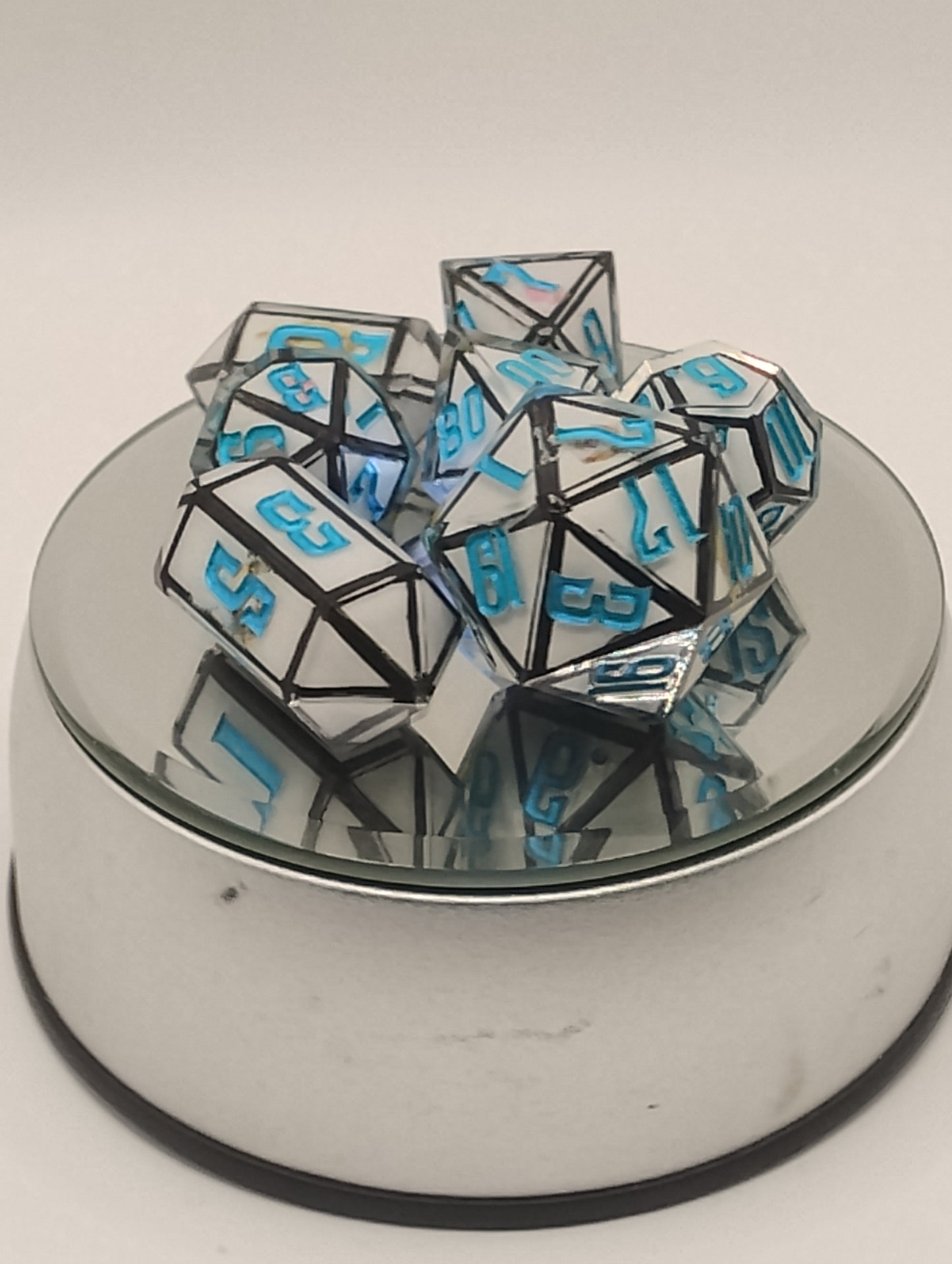 Derpy Cat Meme Handmade DnD Dice | White Resin Dice with Black Edges & Blue Ink | Fantasy TTRPG Dice Set