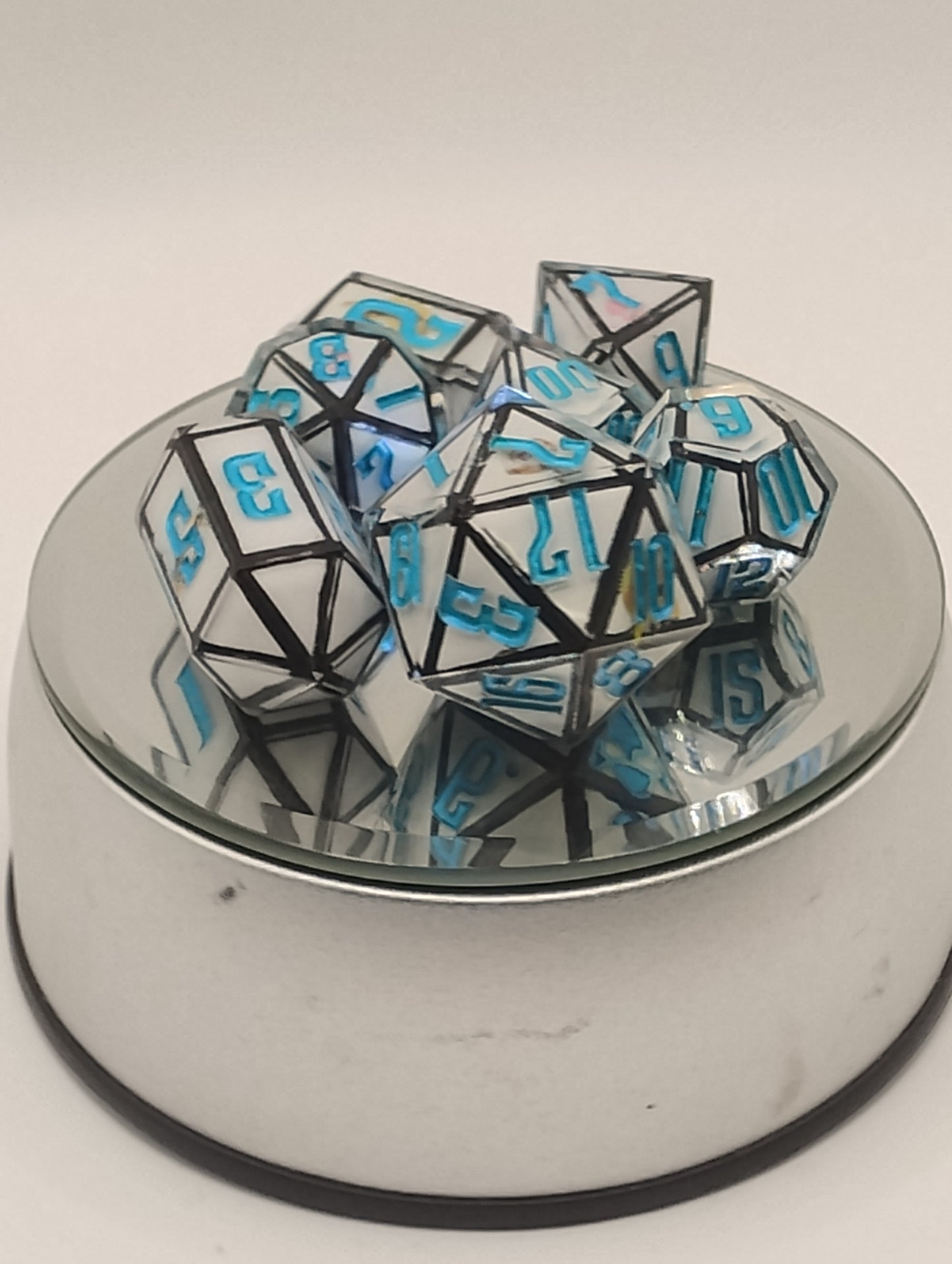 Derpy Cat Meme Handmade DnD Dice | White Resin Dice with Black Edges & Blue Ink | Fantasy TTRPG Dice Set